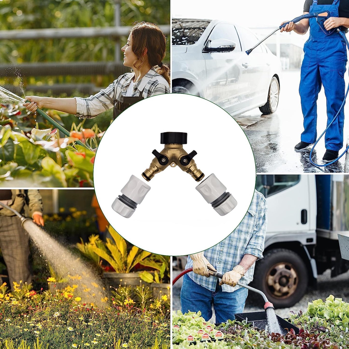 Premium Dual Tap Brass Connector Set with 2 premium hose end connectors for a perfect fit with your garden hoses - Hozelock Compatible. Durable 2 Way Brass Connector Splitter