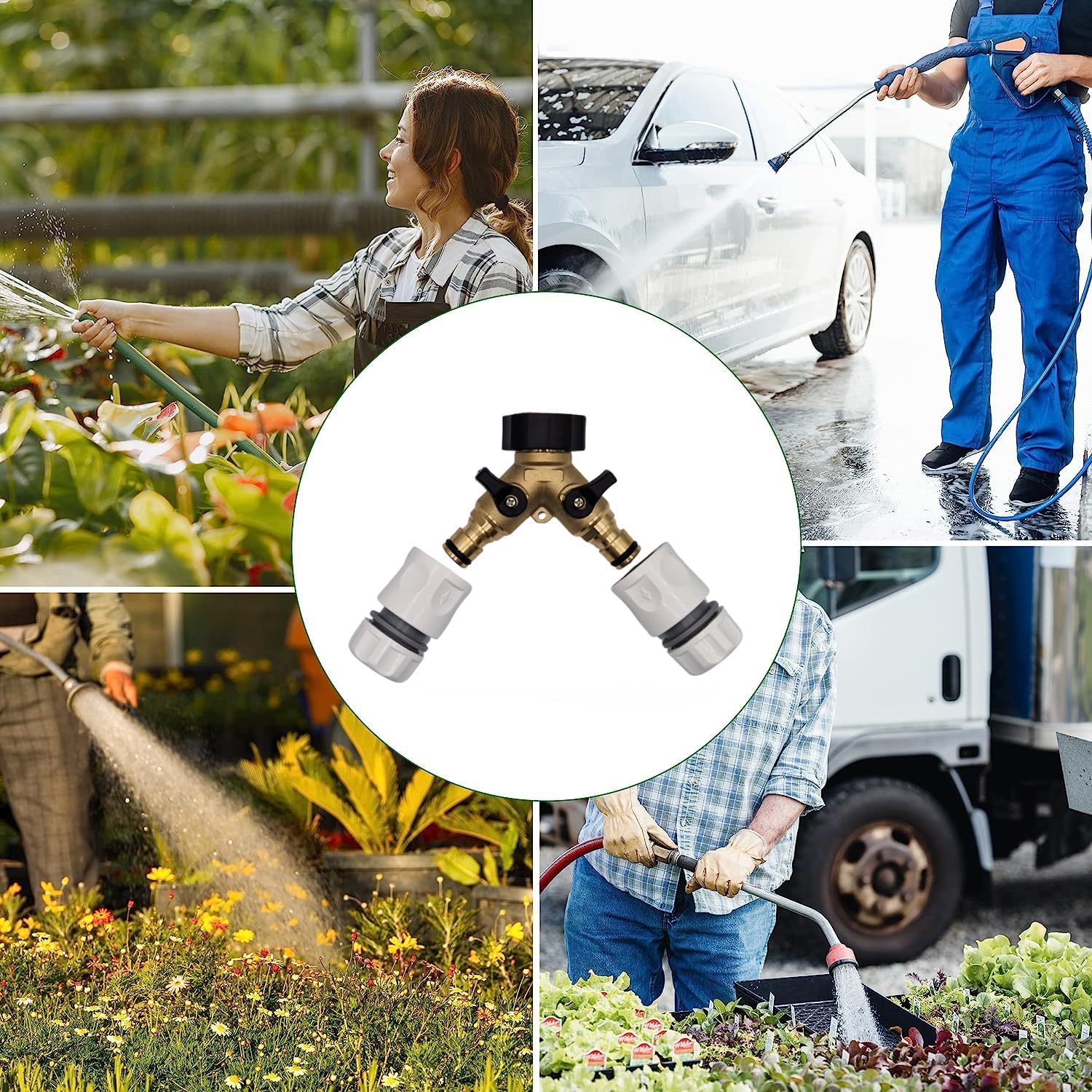 Premium Dual Tap Brass Connector Set with 2 premium hose end connectors for a perfect fit with your garden hoses - Hozelock Compatible. Durable 2 Way Brass Connector Splitter