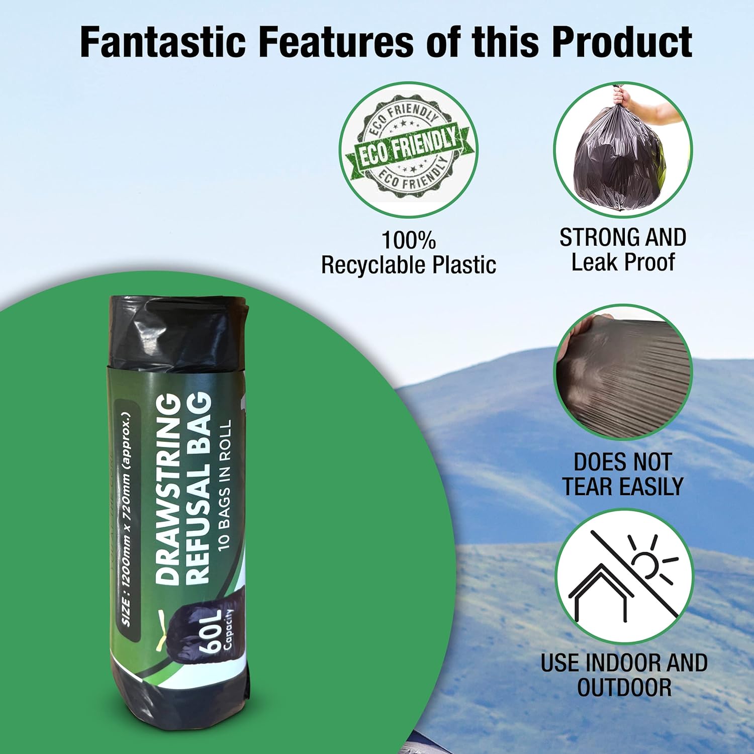 60L Recycled Bin Bags - 30 Pack Drawstring Heavy Duty, Strong Black Refuse Sacks - Eco-Friendly Black Bin Liners for Home, Office, Garden - Large Capacity, Durable Strong Bin Bags