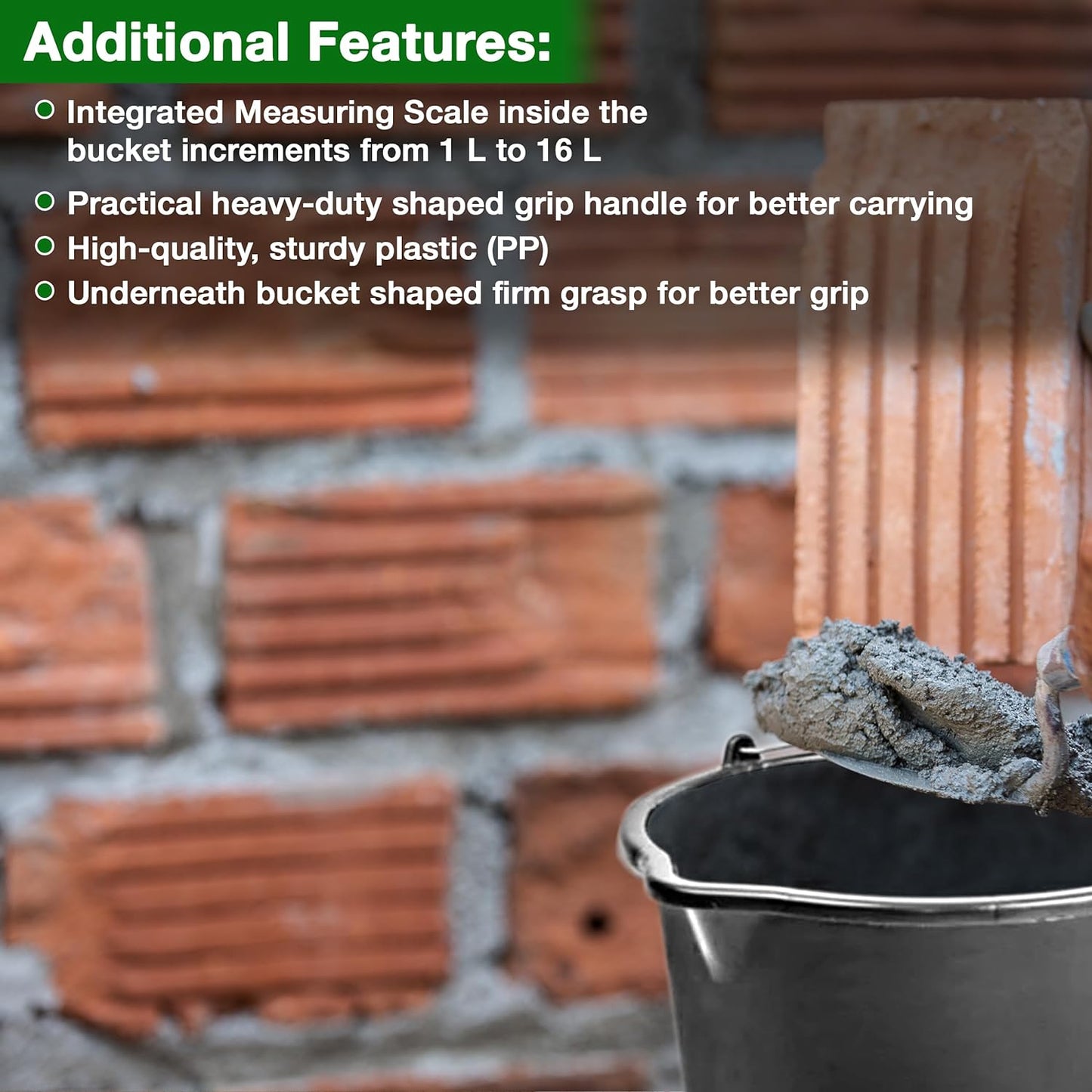 Large 16L (4.2 Gallon) Black Plastic Buckets with Handles - Sturdy Multipurpose Containers with Measuring Scale - Ideal for Builders, Car Washes, Bathroom, Home & Garden