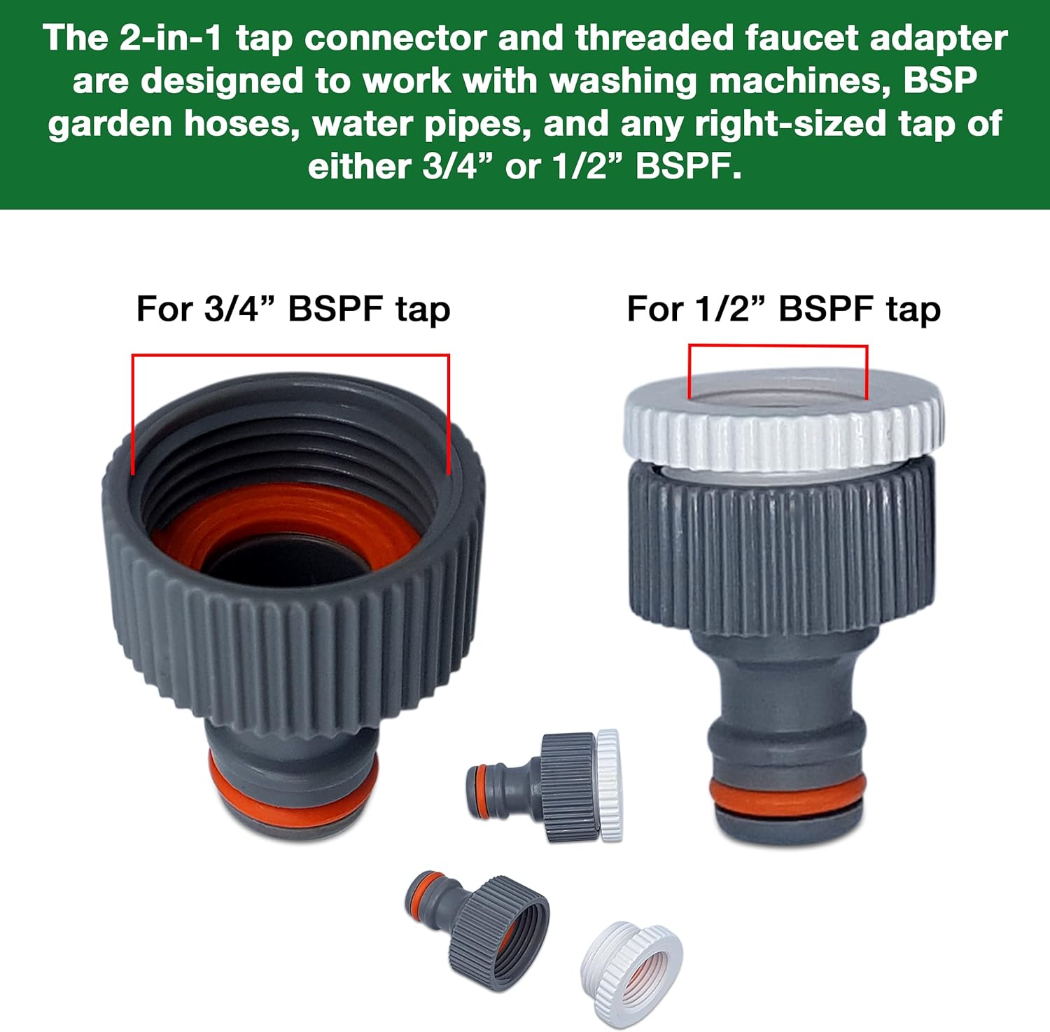 Ultimate Hose Fitting Set - 2in1 Tap Connector & Threaded Faucet Adapter 3/4" or 1/2" BSP with Premium Hose End Connectors 1/2" or 5/8" - 2 Pack & Double Male Hose Connector