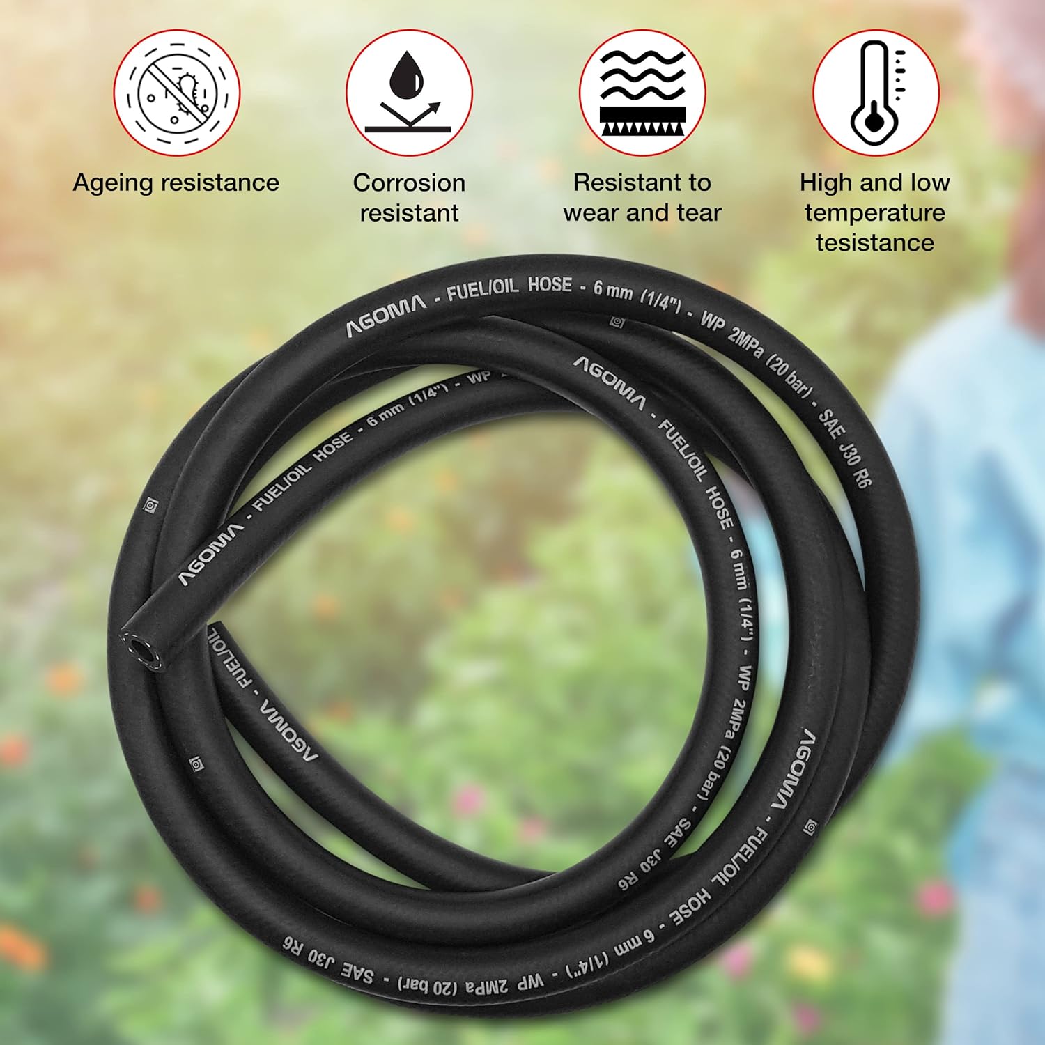 6mm Fuel Hose – Reinforced Rubber Hose for Fuel, Diesel, Petrol, Water – Oil-Resistant Flexible Pipe for Engine Fuels, Industrial Use – 2m Reinforced Rubber Pipe Hose
