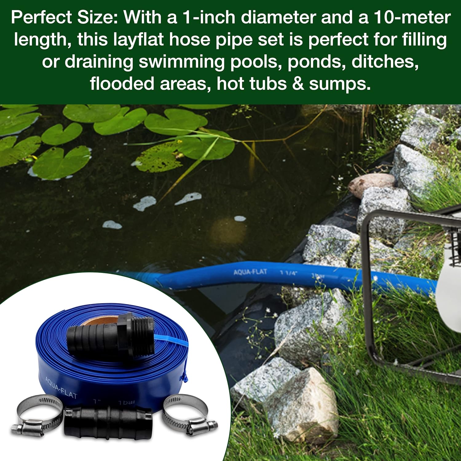 Ultimate Layflat Discharge Hose Pipe Set - 10m x 25mm Diameter, Complete with 2 Clips, Joiner Coupler, and Pond Connector for use with Submersible & Other Water Pumps