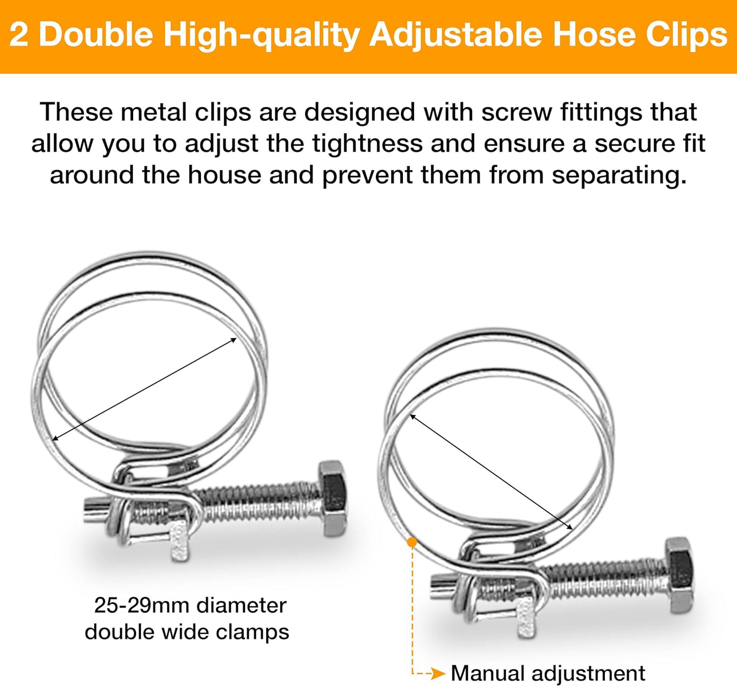Hose Pipe Connector Set – 25mm Pond Hose Connector with 2 Wire Hose Clips – Pond Hose Pipe Joiner – Adjustable Hose Clamps with Screw Fitting for Standard 25-29mm Diameter Size