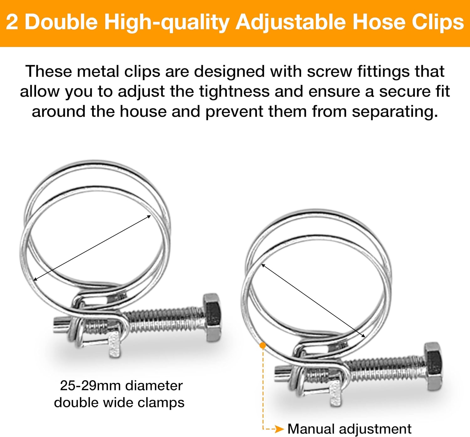 Hose Pipe Connector Set – 25mm Pond Hose Connector with 2 Wire Hose Clips – Pond Hose Pipe Joiner – Adjustable Hose Clamps with Screw Fitting for Standard 25-29mm Diameter Size