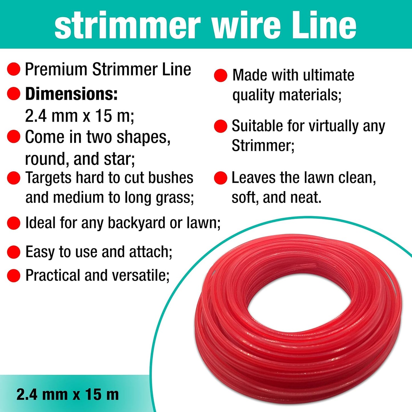 Strimmer Line Red Star – 2.4 mm x 15 m Strimmer Wire – Ideal for Professional Trimming of Medium to Long Grass