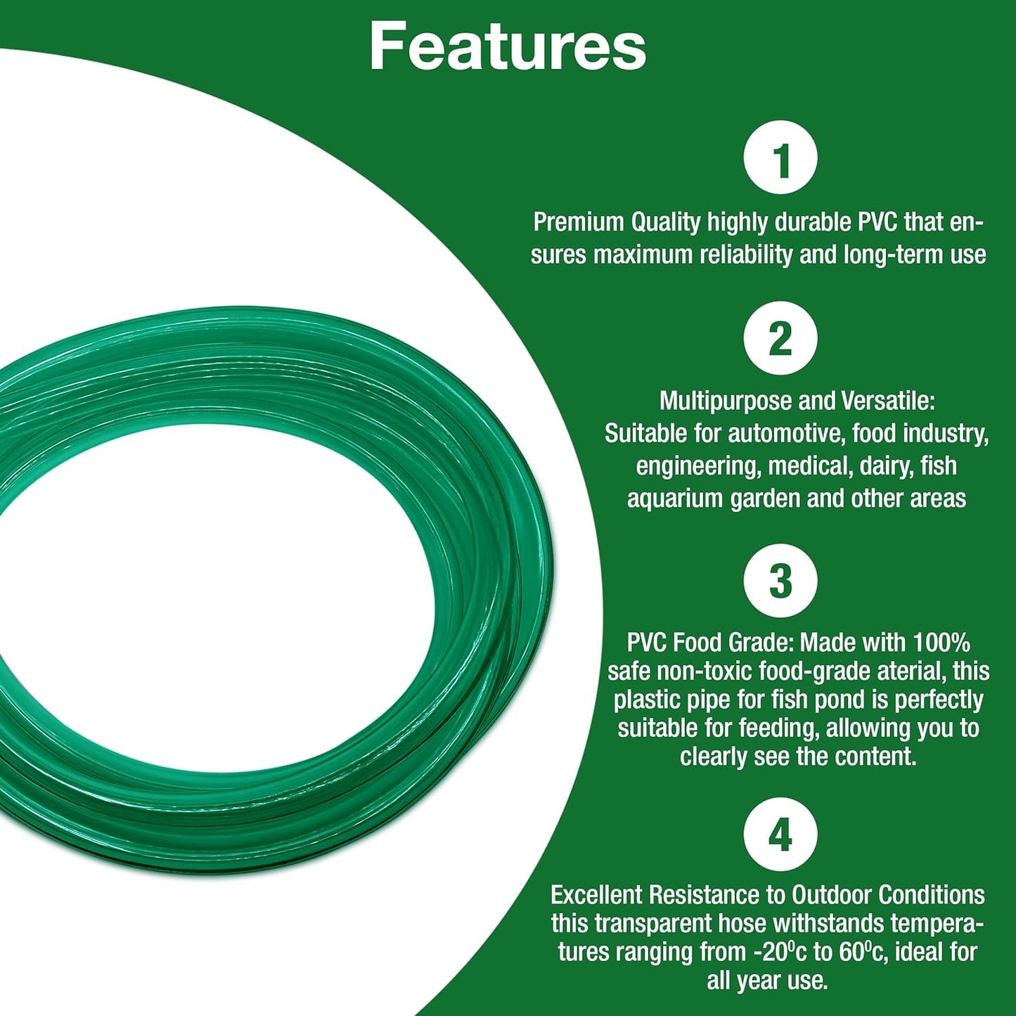Flexible Hose Pipe 16mm Inside Diameter 20mm Outside Diameter – 4 Metres Clear PVC Food Grade Green Plastic Tube for Fish Food, Engineering, Food Industry – Multipurpose PVC Pipe