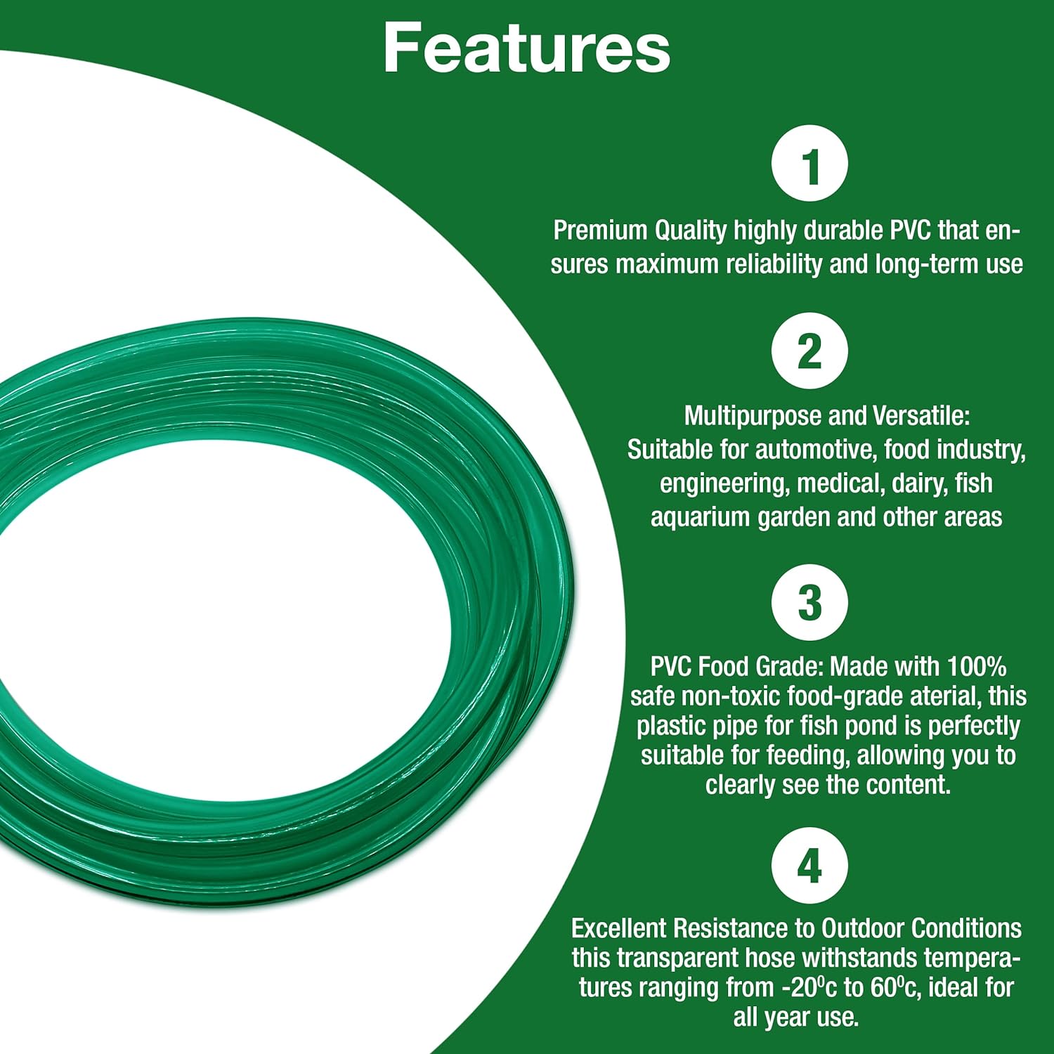Flexible Hose Pipe 16mm Inside Diameter 20mm Outside Diameter – 4 Metres Clear PVC Food Grade Green Plastic Tube for Fish Food, Engineering, Food Industry – Multipurpose PVC Pipe