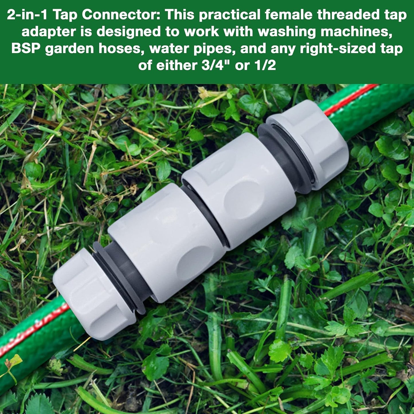 Ultimate Hose Fitting Set - 2in1 Tap Connector & Threaded Faucet Adapter 3/4" or 1/2" BSP with Premium Hose End Connectors 1/2" or 5/8" - 2 Pack & Double Male Hose Connector