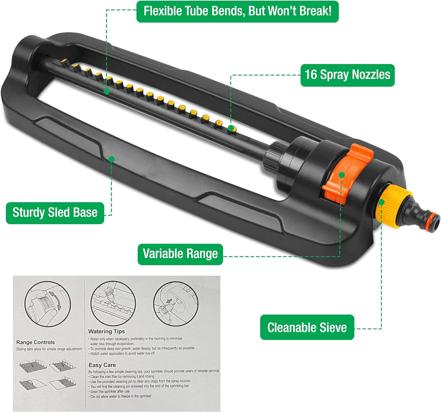 Garden Sprayer Sprinklers for Lawns – Garden Bar with 16 Durable Nozzles – Oscillating Sprinkler with Built-In Cleaning Pin – Large Coverage Area – Ideal for Lawn, Garden