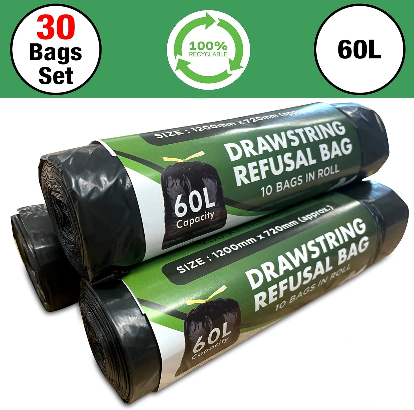 60L Recycled Bin Bags - 30 Pack Drawstring Heavy Duty, Strong Black Refuse Sacks - Eco-Friendly Black Bin Liners for Home, Office, Garden - Large Capacity, Durable Strong Bin Bags