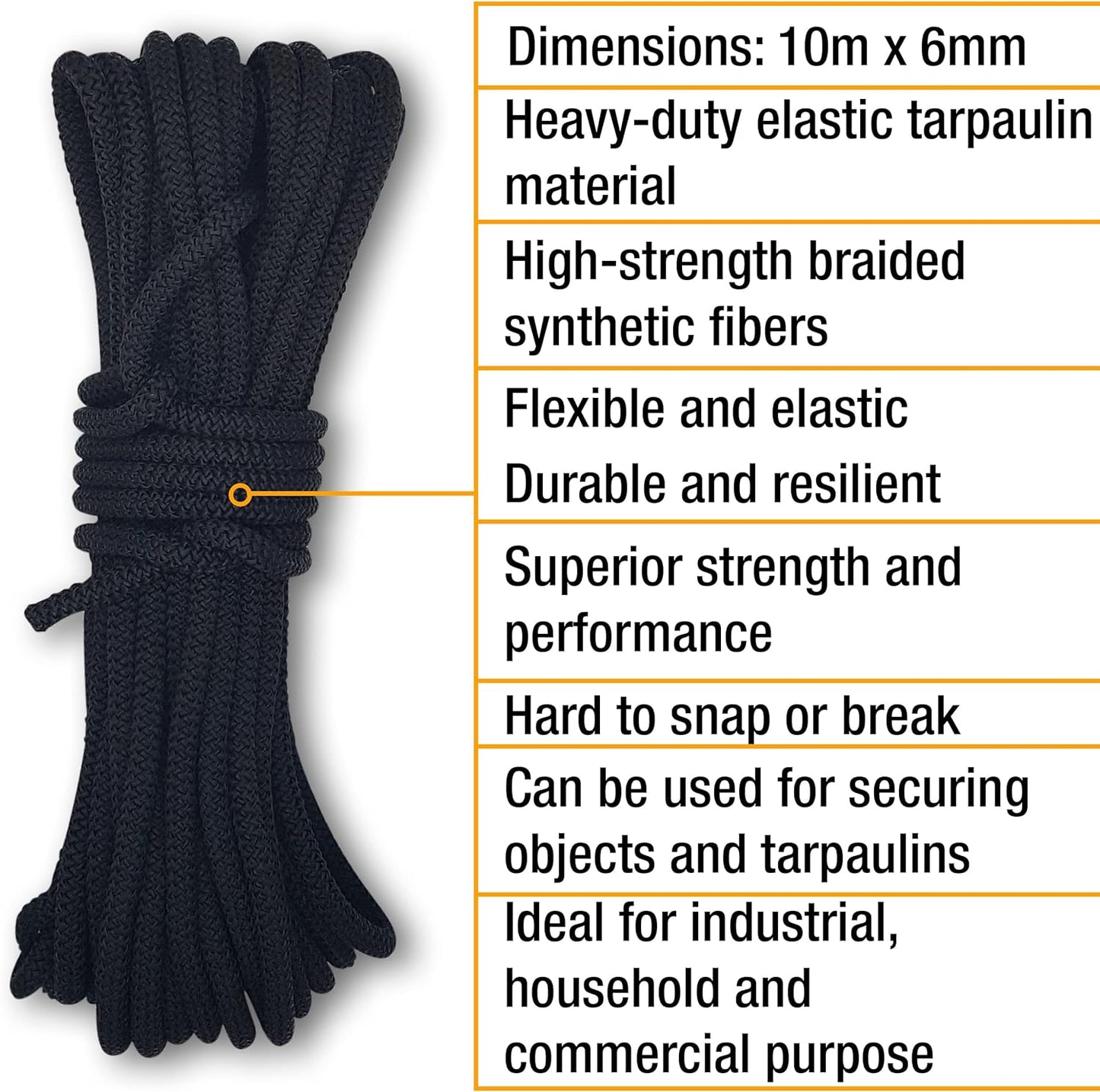 Bungee Cord – 10m x 6mm Elasticated Tarpaulin Bungee Cord – Heavy-Duty Tarpaulin Elastic Cord – Shock Securing Cord for Tarpaulins, Trailers, Camping, Sailboats and Industrial Use