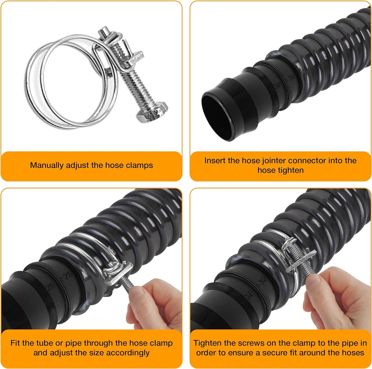 Hose Pipe Connector Set – 25mm Pond Hose Connector with 2 Wire Hose Clips – Pond Hose Pipe Joiner – Adjustable Hose Clamps with Screw Fitting for Standard 25-29mm Diameter Size