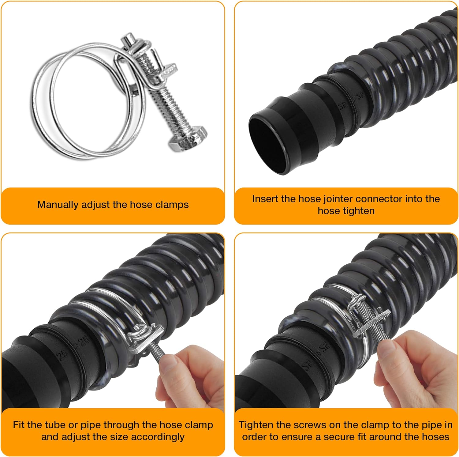 Hose Pipe Connector Set – 25mm Pond Hose Connector with 2 Wire Hose Clips – Pond Hose Pipe Joiner – Adjustable Hose Clamps with Screw Fitting for Standard 25-29mm Diameter Size