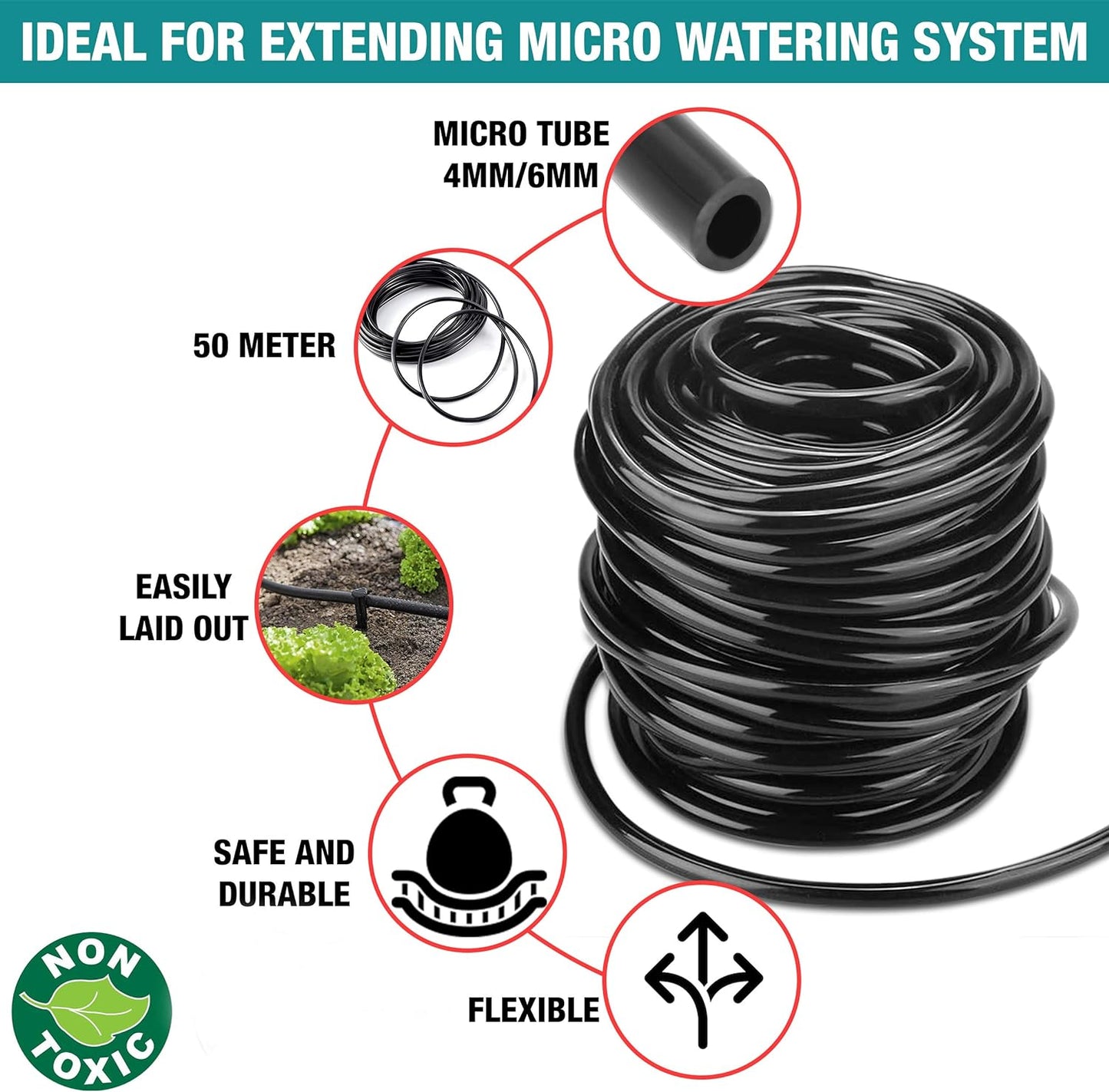 Micro Irrigation Water Pipe Tube – 50m Black Micro Tube 4mm / 6mm – Premium Hose for Garden Watering Systems – Easy DIY Installation - Ideal for Drippers, Micro Jets Mini Sprinklers