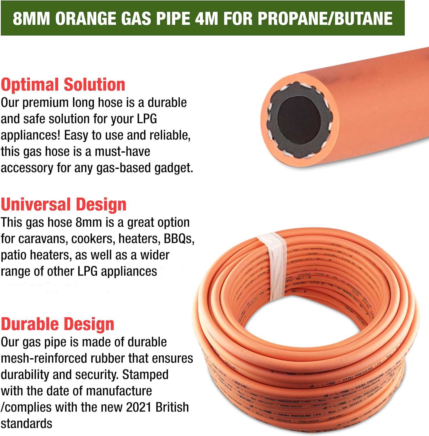 4m 8mm Premium High-Pressure Gas Hose Pipe with 2 Clips – Durable LPG Propane/Butane Pipe, Stamped with Manufacture Date, for BBQ, Caravan, Camping, Cookers, Heaters, Grill and Gas Bottles