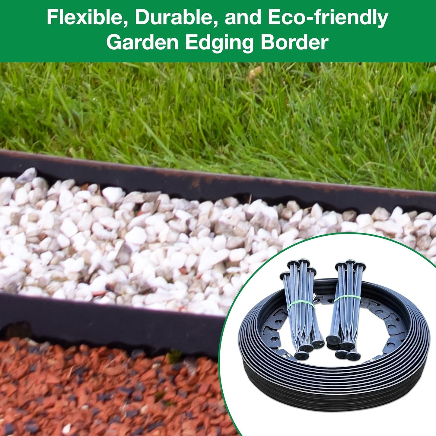 10m of Flexible Grey Garden Edging Border - Complete with 20 Securing Pegs for Perfect Flower Beds, Lawns, and Pavement Design (40mm High)