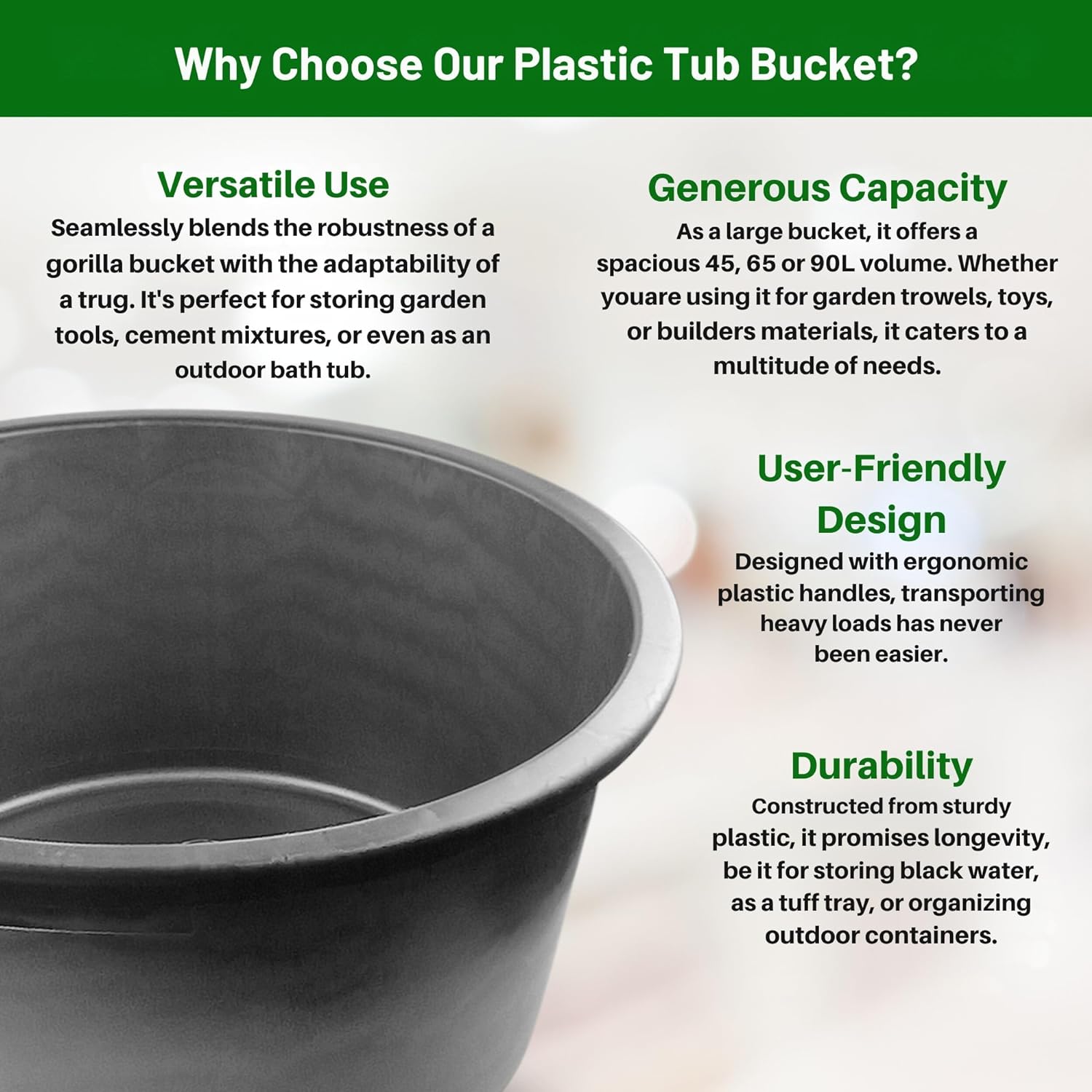 Flexi Tub Small (45L), Medium (65L), Large (90L) Black - Sturdy Heavy Duty Large Plastic Bucket with Handles | Builders Garden Home Storage Container