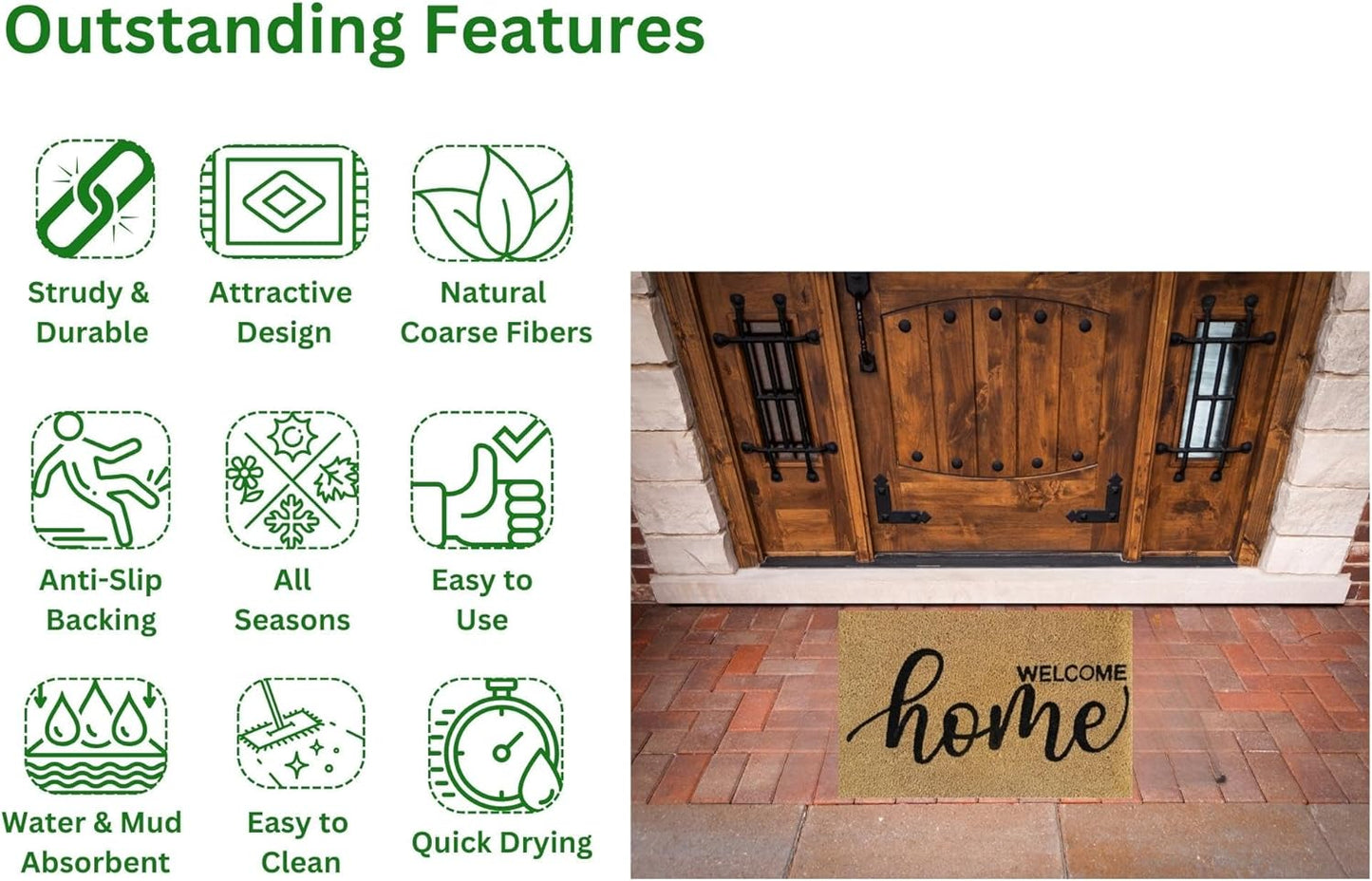 Coir Door Mat (60x40cm) - Non-Slip & Absorbent, Indoor/Outdoor, Eco-Friendly - Ideal as Front Door, Entrance, Floor, Welcome Mat - Large Size, Dirt Trapper, Washable