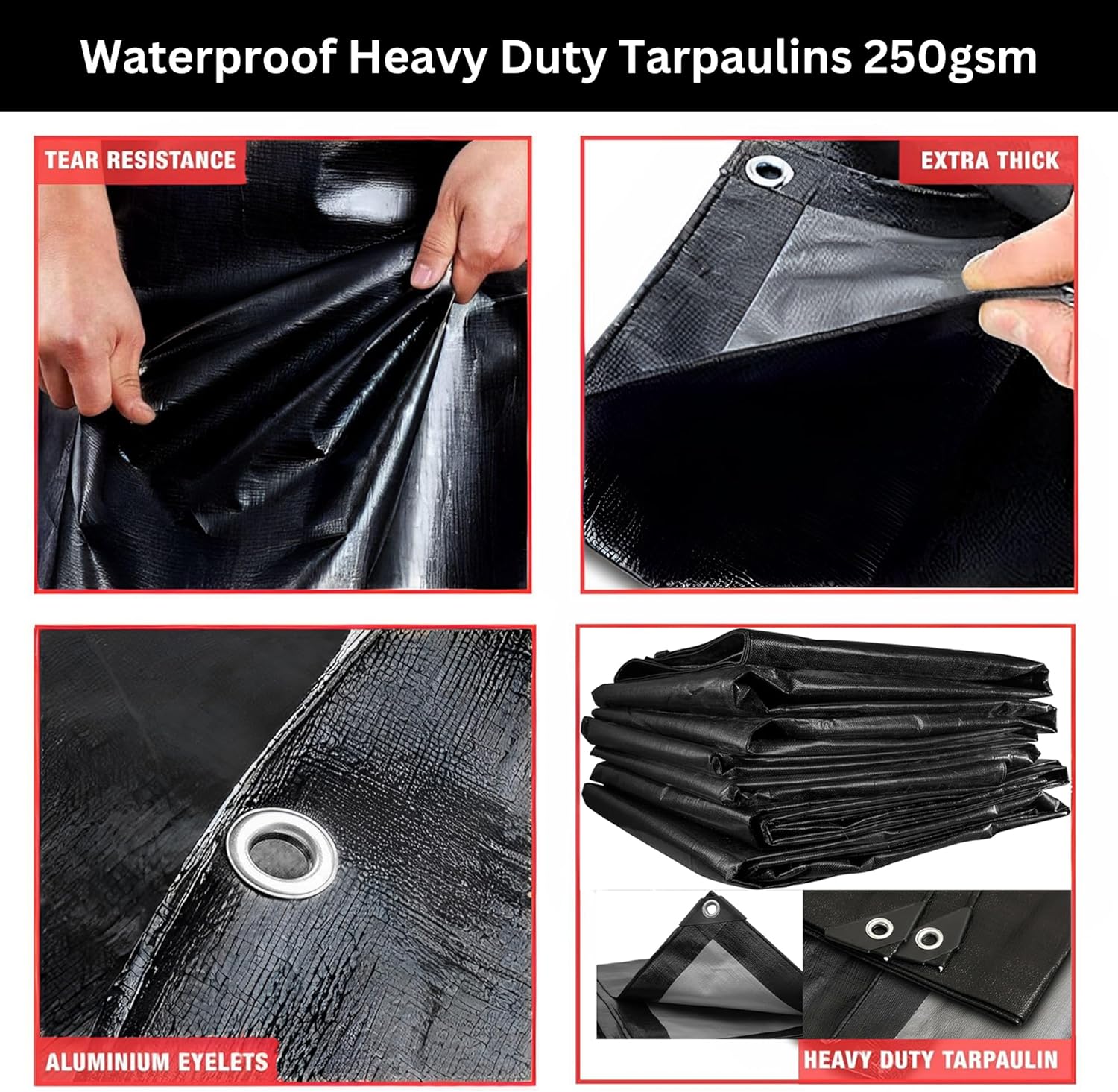 Heavy Duty Waterproof Tarpaulin - Black Tarp for Outdoor Protection - Durable Groundsheet, Tent Shield, Trailer & Trampoline Cover - UV & Weatherproof Sheet for Camping & Garden