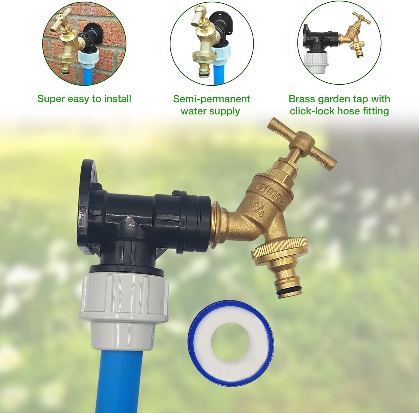 25mm MDPE Wall Flange Kit – Wall Plate Elbow ¾ Brass Garden Tap with Click-Lock Hose Fitting and PTFE Tape – Easy to Install Hose Connector