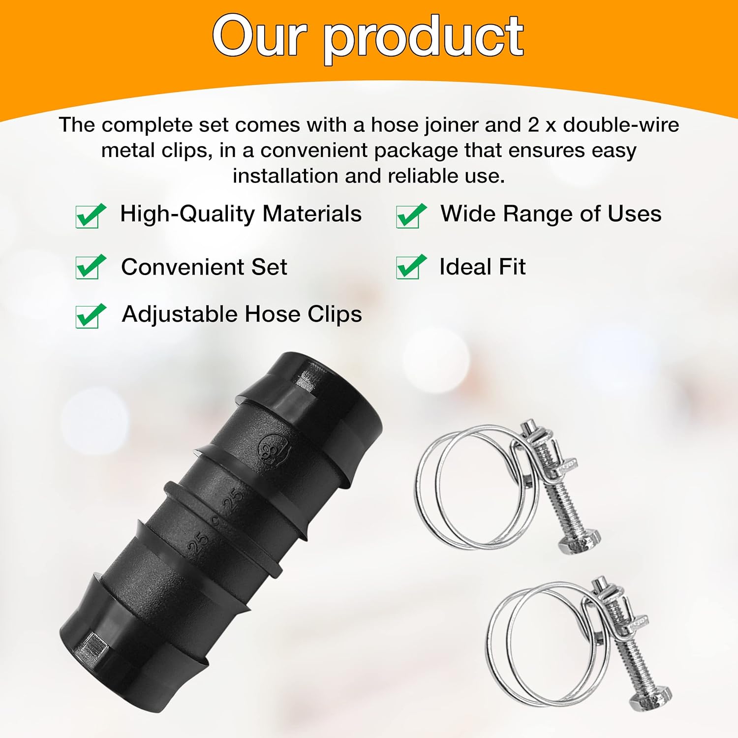Hose Pipe Connector Set – 25mm Pond Hose Connector with 2 Wire Hose Clips – Pond Hose Pipe Joiner – Adjustable Hose Clamps with Screw Fitting for Standard 25-29mm Diameter Size