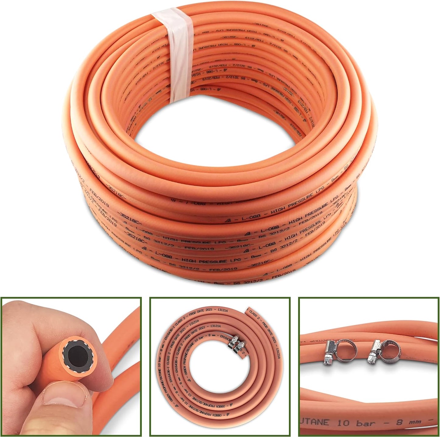 4m 8mm Premium High-Pressure Gas Hose Pipe with 2 Clips – Durable LPG Propane/Butane Pipe, Stamped with Manufacture Date, for BBQ, Caravan, Camping, Cookers, Heaters, Grill and Gas Bottles