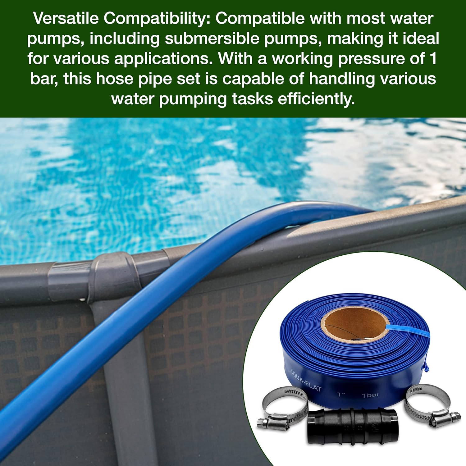 Ultimate Layflat Discharge Hose Pipe Set - 10m x 25mm Diameter, Complete with 2 Clips, Joiner Coupler, and Pond Connector for use with Submersible & Other Water Pumps