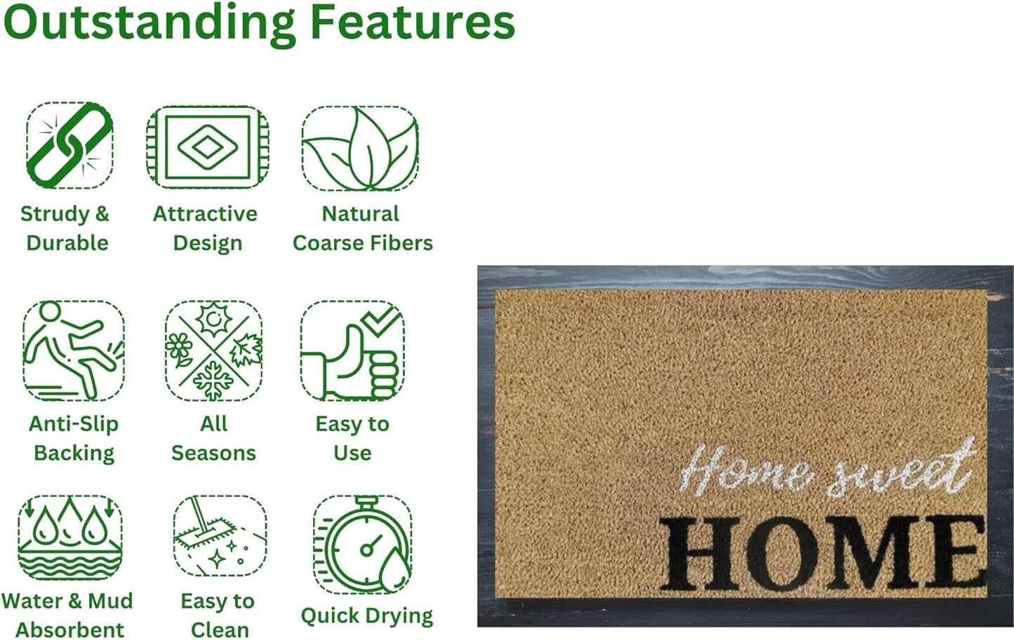Coir Door Mat (60x40cm) - Non-Slip & Absorbent, Indoor/Outdoor, Eco-Friendly - Ideal as Front Door, Entrance, Floor, Welcome Mat - Large Size, Dirt Trapper, Washable