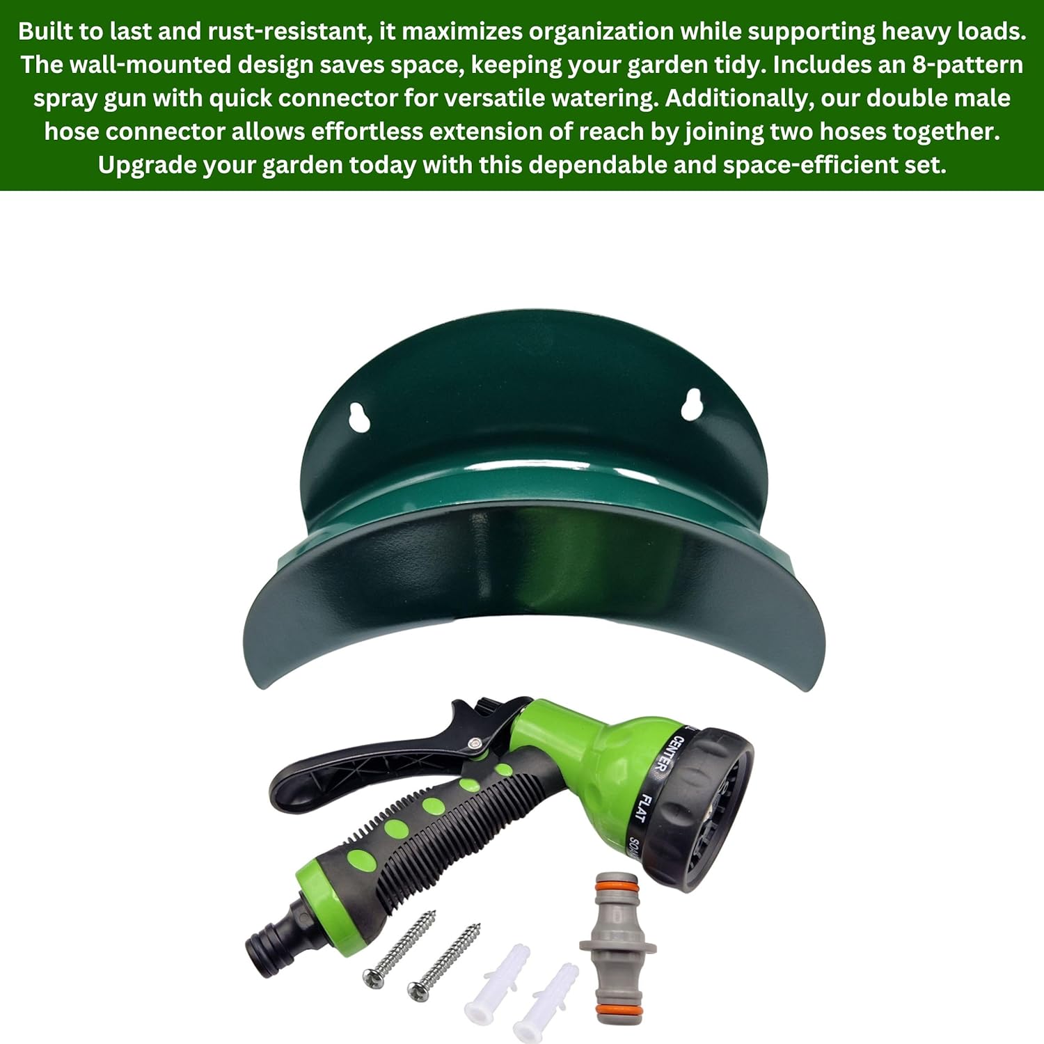 Heavy-Duty Metal Garden Hose Hanger Set with 8-Pattern Spray Gun & Double Male Hose Connector - Rustproof Wall-Mounted Storage