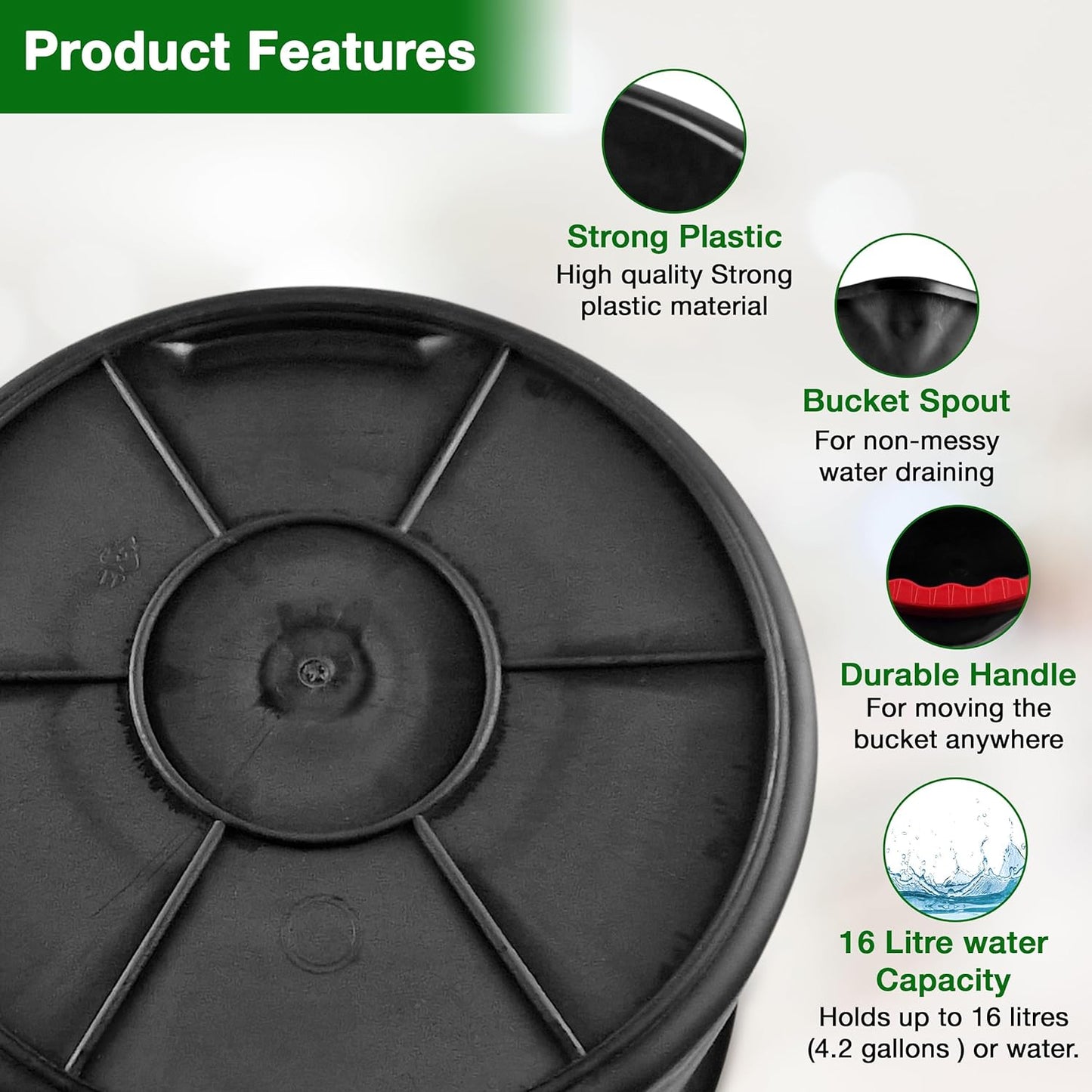 Large 16L (4.2 Gallon) Black Plastic Buckets with Handles - Sturdy Multipurpose Containers with Measuring Scale - Ideal for Builders, Car Washes, Bathroom, Home & Garden