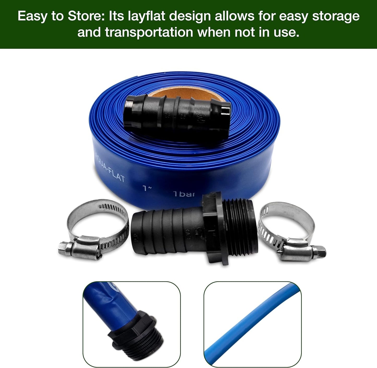 Ultimate Layflat Discharge Hose Pipe Set - 10m x 25mm Diameter, Complete with 2 Clips, Joiner Coupler, and Pond Connector for use with Submersible & Other Water Pumps