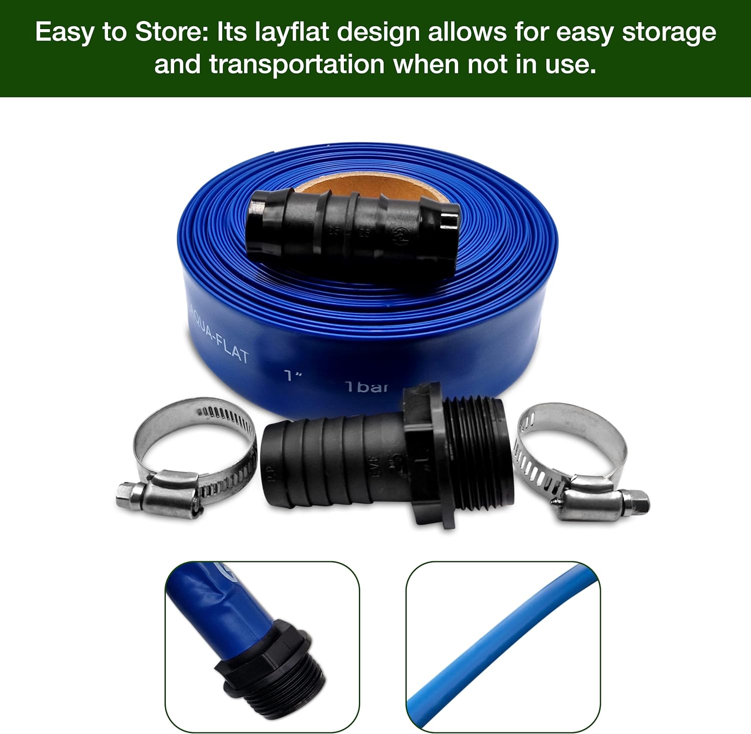 Ultimate Layflat Discharge Hose Pipe Set - 10m x 25mm Diameter, Complete with 2 Clips, Joiner Coupler, and Pond Connector for use with Submersible & Other Water Pumps