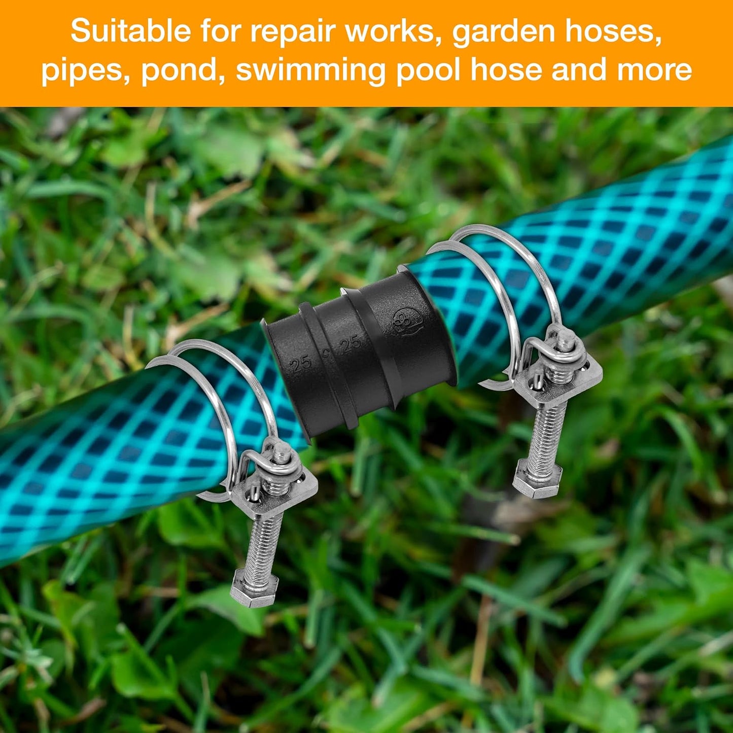 Hose Pipe Connector Set – 25mm Pond Hose Connector with 2 Wire Hose Clips – Pond Hose Pipe Joiner – Adjustable Hose Clamps with Screw Fitting for Standard 25-29mm Diameter Size