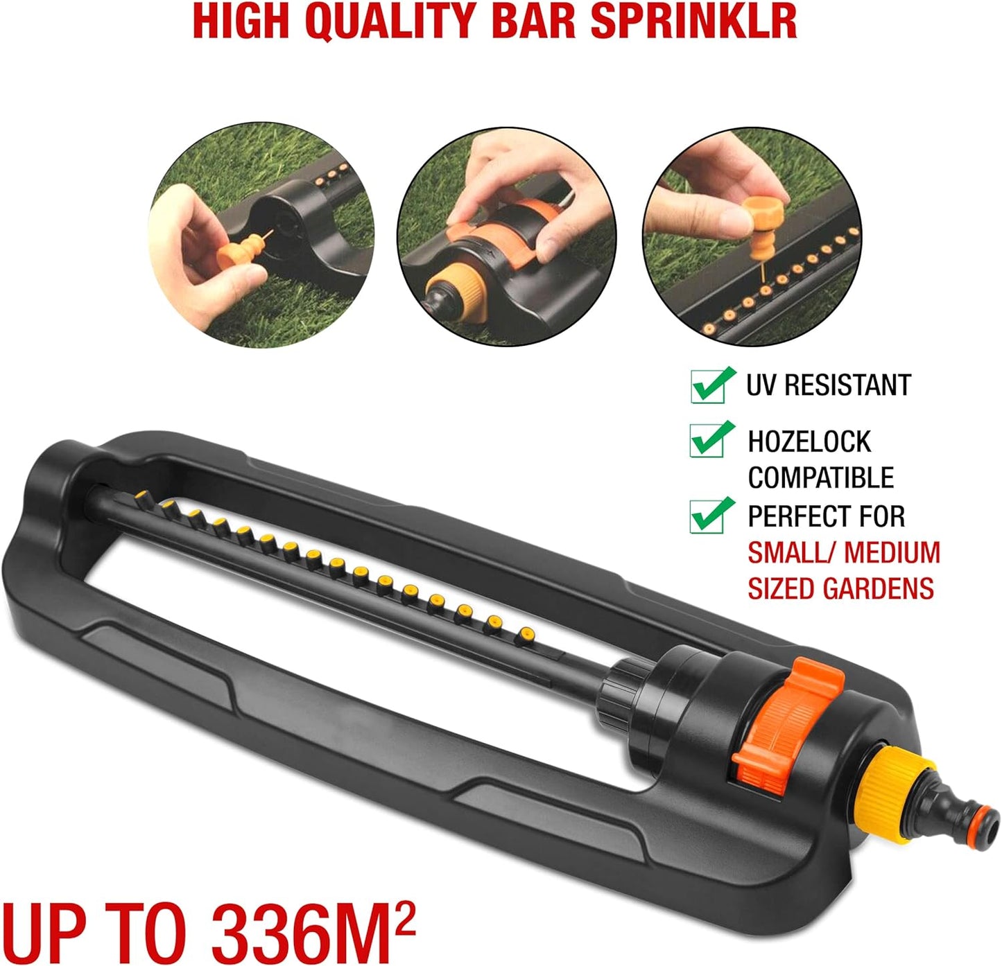Garden Sprayer Sprinklers for Lawns – Garden Bar with 16 Durable Nozzles – Oscillating Sprinkler with Built-In Cleaning Pin – Large Coverage Area – Ideal for Lawn, Garden