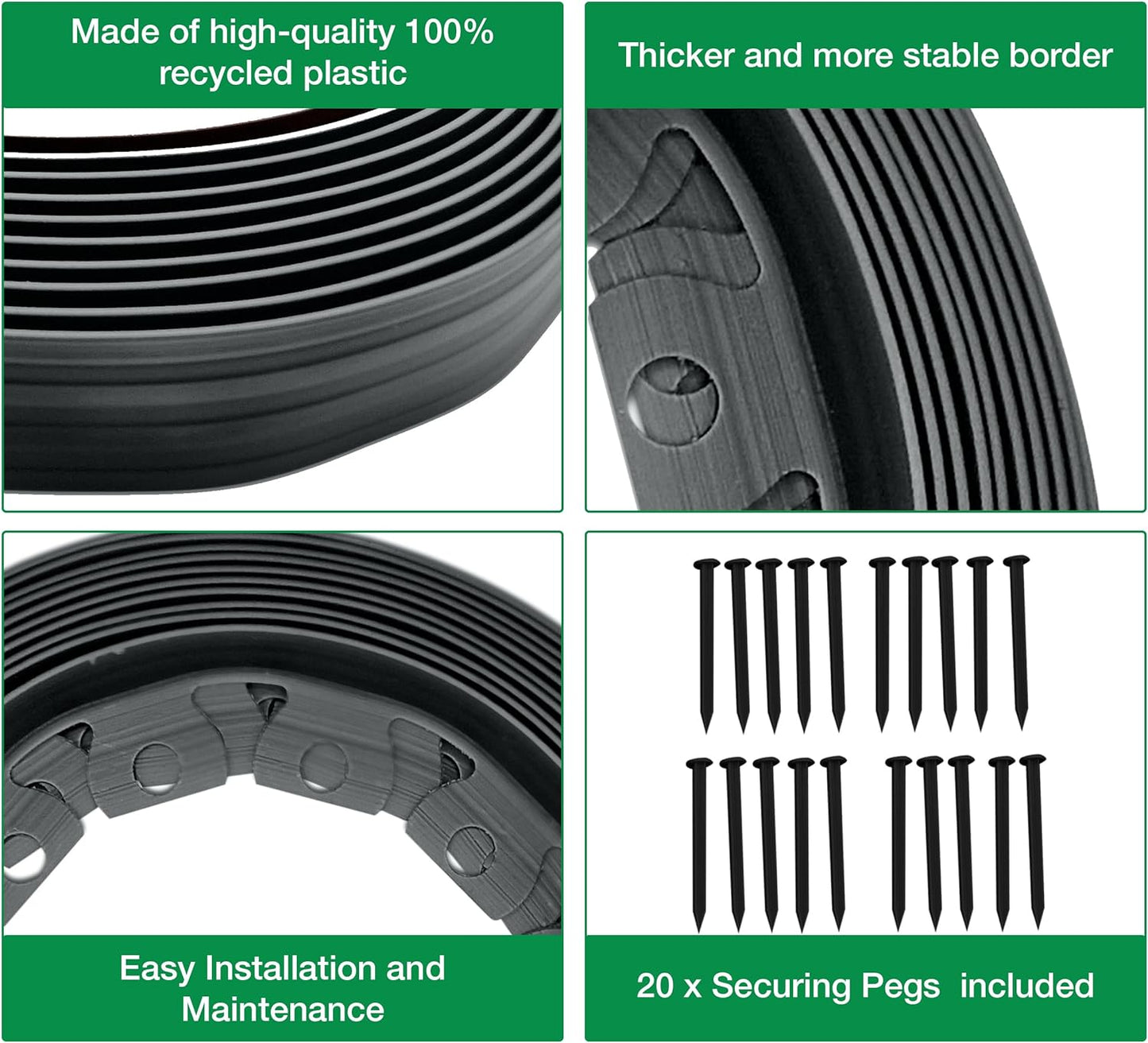 10m of Flexible Graphite Garden Edging Border - Complete with 20 Securing Pegs for Perfect Flower Beds, Lawns, and Pavement Design (40mm High)