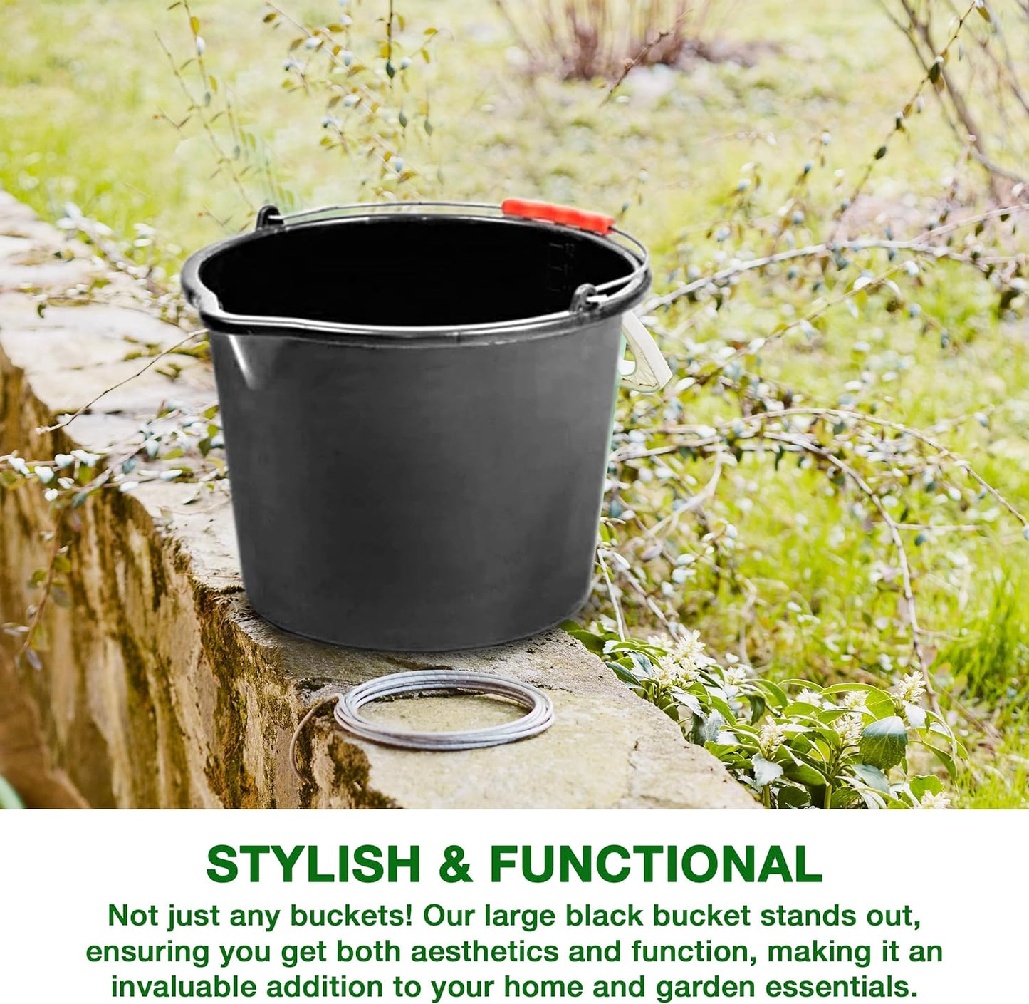 Large 16L (4.2 Gallon) Black Plastic Buckets with Handles - Sturdy Multipurpose Containers with Measuring Scale - Ideal for Builders, Car Washes, Bathroom, Home & Garden