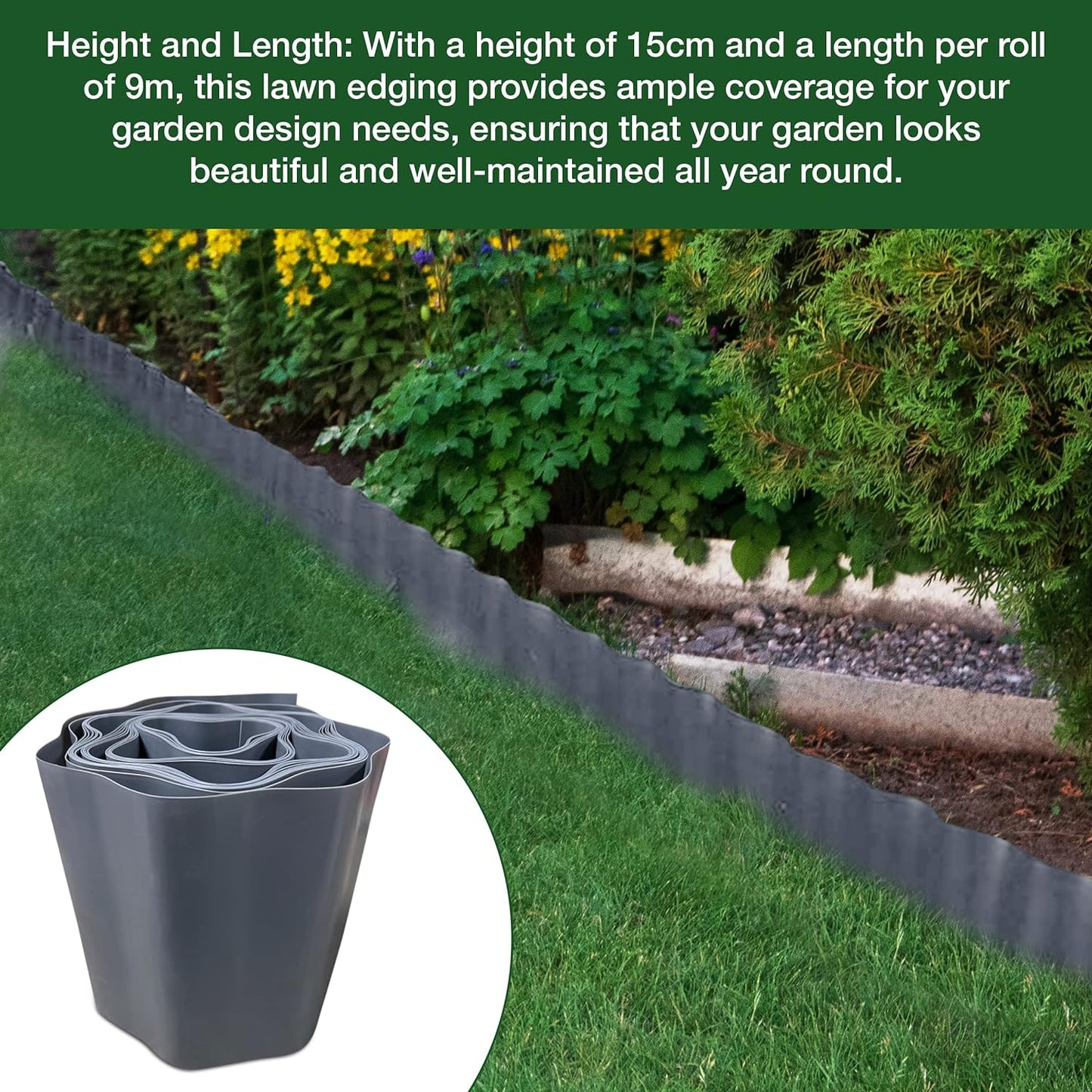 Garden Design with 9 Metres, Grey Flexible Plastic Lawn Edging - Durable, Weatherproof, and Frost-Resistant! 15cm Height