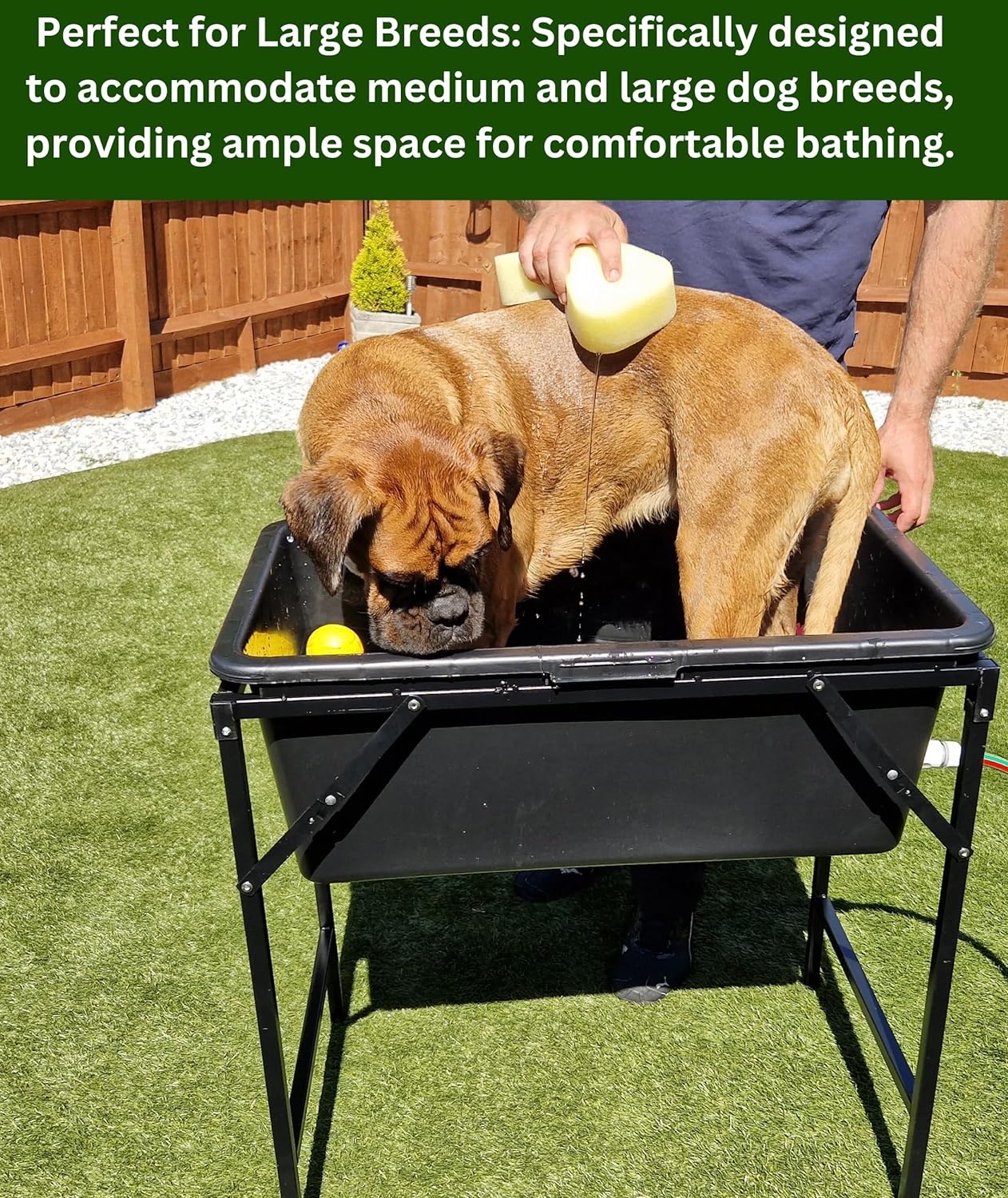 Large 90L Dog Bath/Pool/Tub & Foldable Metal Stand with Drain Plug and Hozelock Compatible End Connector - Perfect for Retrievers, Boxers & More - Durable, Easy to Store