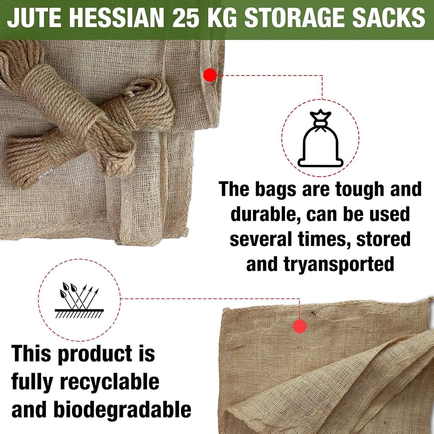 Natural Hessian Tearproof Jute Sacks Pack of 4 – Resistant and Anti-Tear Storage Bags – Large Bags – 50 x 85 cm / 25 kg Hessian Fabric – Suitable for Vegetable Storage – Bean Bag