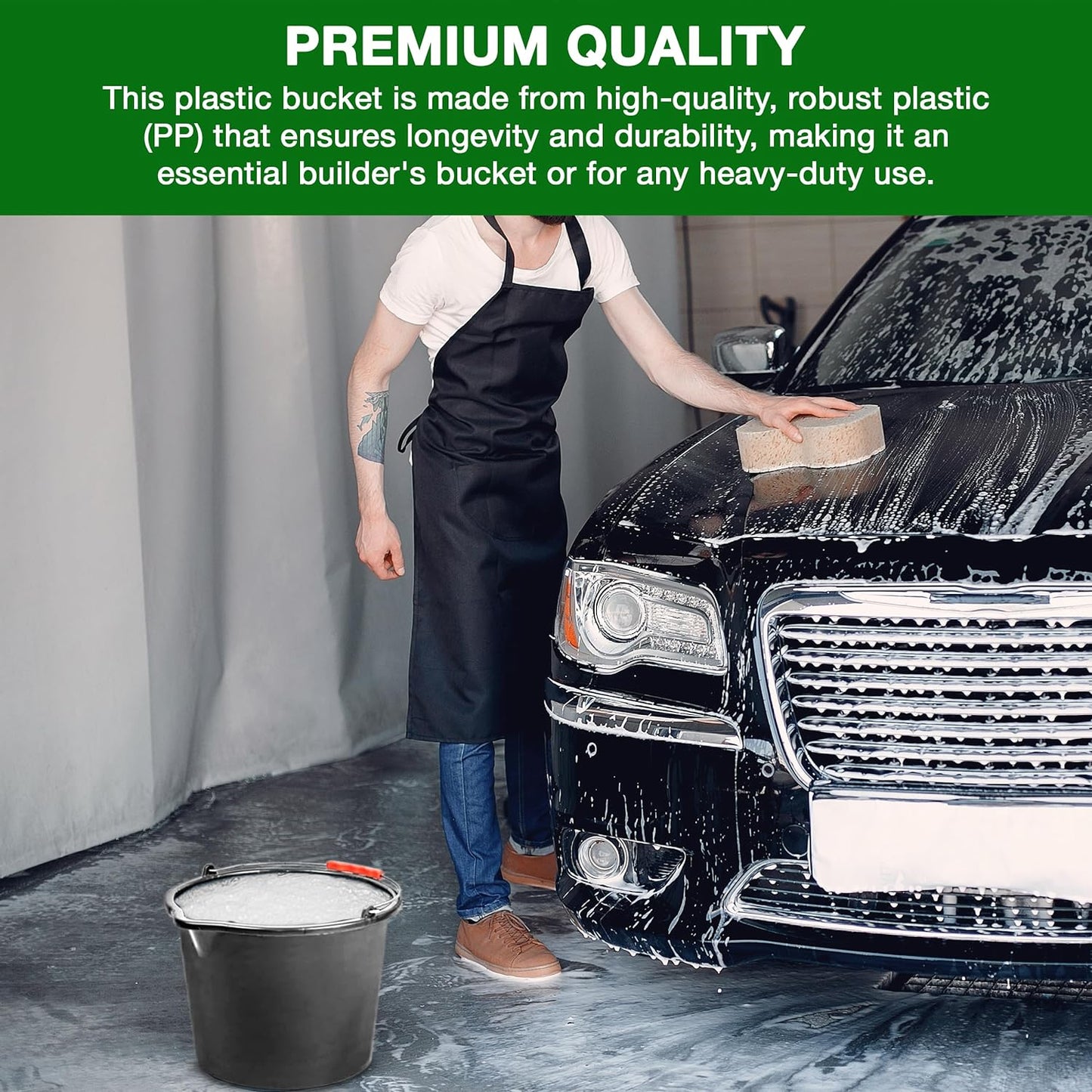 Large 16L (4.2 Gallon) Black Plastic Buckets with Handles - Sturdy Multipurpose Containers with Measuring Scale - Ideal for Builders, Car Washes, Bathroom, Home & Garden