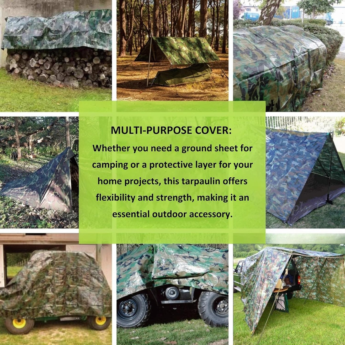 Camouflage Tarpaulin – Multi-Use Tarp Sheet for Camping, Fishing, Bird Watching & Garden – Waterproof, UV Protective Cover for Rain Shelter, Groundsheet, Tent & Trailer
