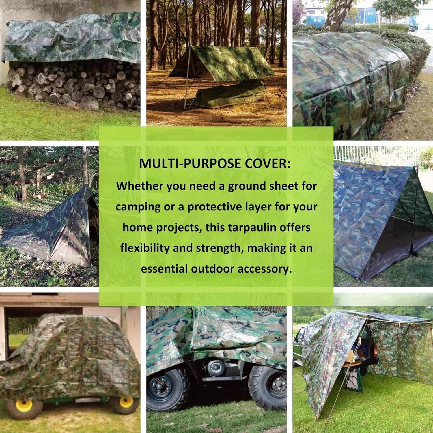 Camouflage Tarpaulin – Multi-Use Tarp Sheet for Camping, Fishing, Bird Watching & Garden – Waterproof, UV Protective Cover for Rain Shelter, Groundsheet, Tent & Trailer