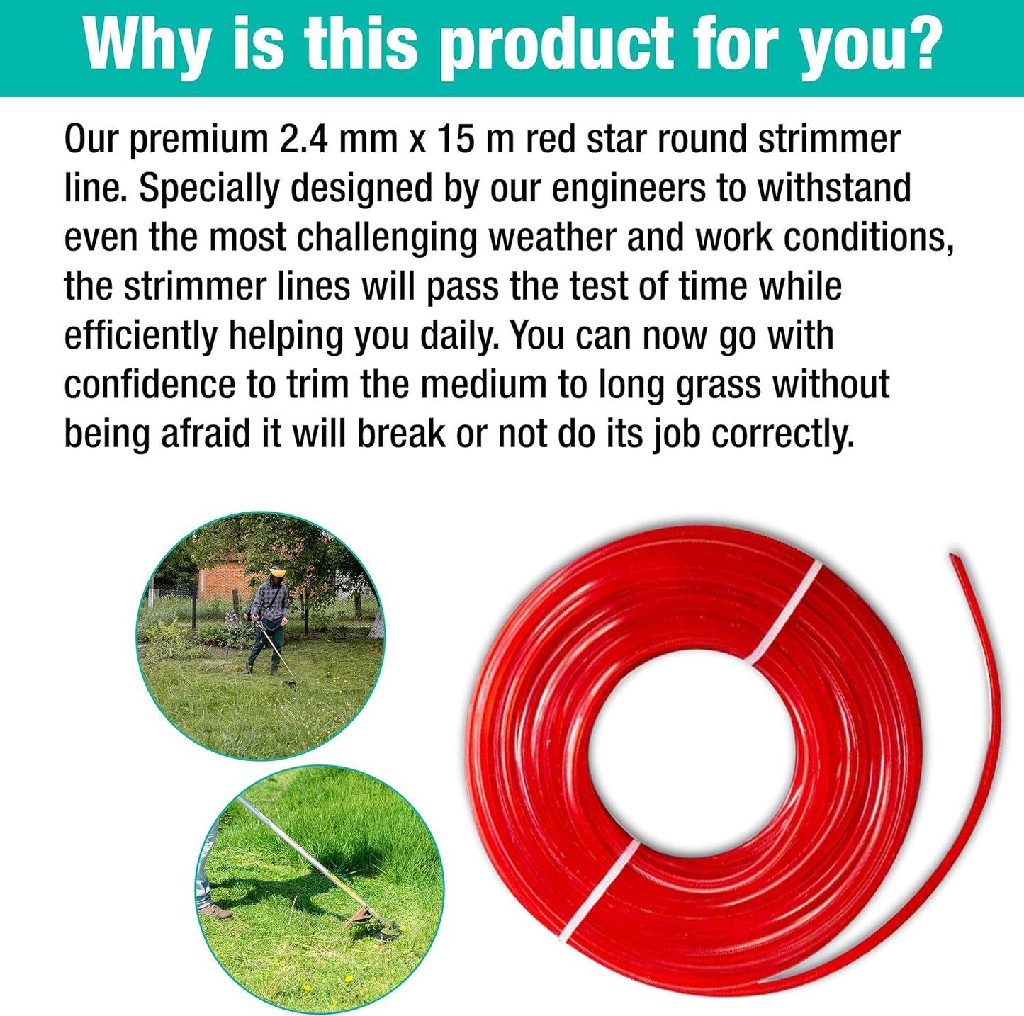 Strimmer Line Red Star – 2.4 mm x 15 m Strimmer Wire – Ideal for Professional Trimming of Medium to Long Grass