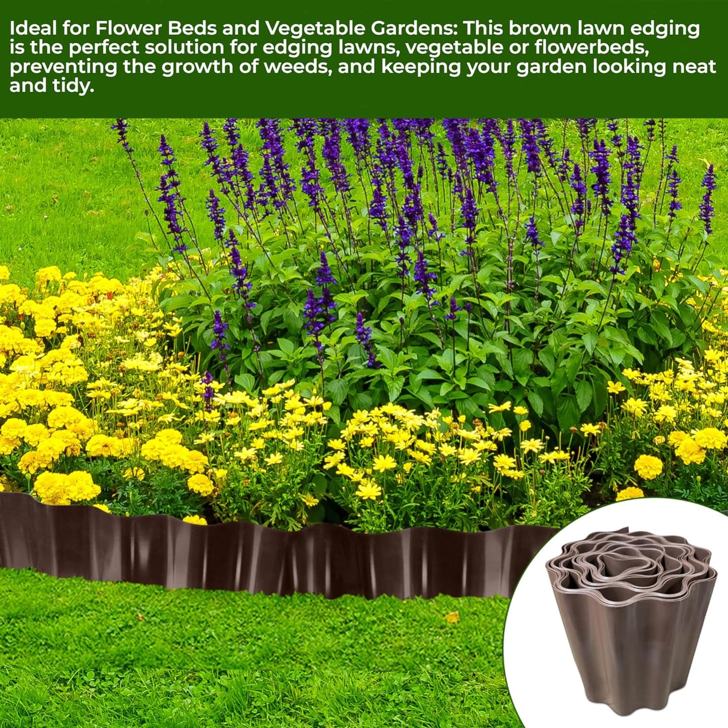 9 Meters, Brown Flexible Plastic Lawn Edging - Durable, Weatherproof, and Frost-Resistant! 15cm Height