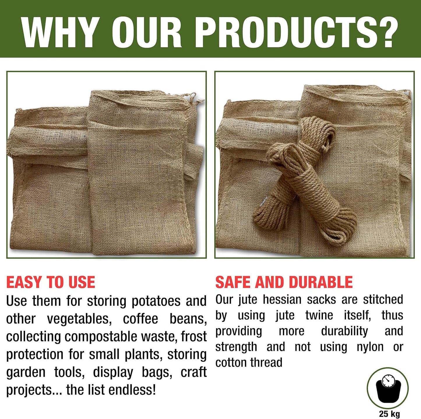 Natural Hessian Tearproof Jute Sacks Pack of 4 – Resistant and Anti-Tear Storage Bags – Large Bags – 50 x 85 cm / 25 kg Hessian Fabric – Suitable for Vegetable Storage – Bean Bag