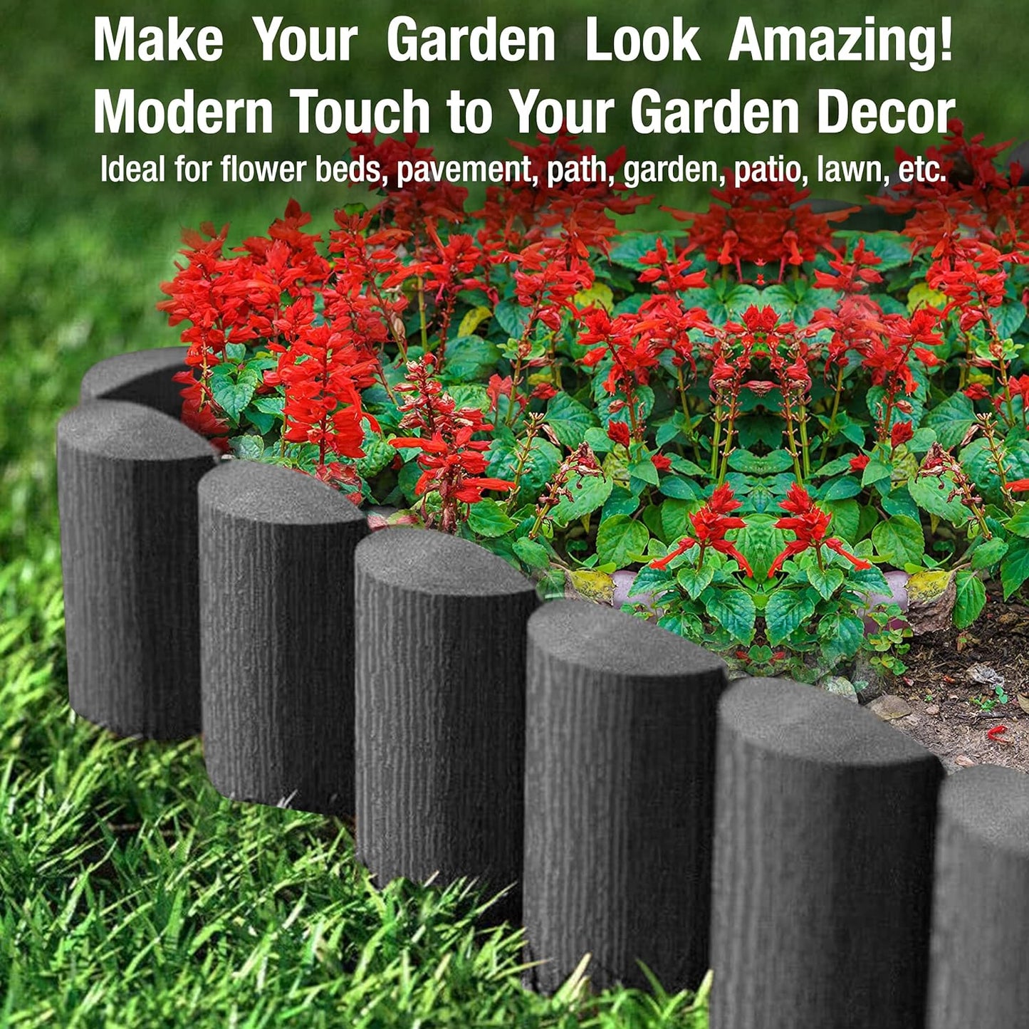 Black Lawn Edging Border – 2.5 meters / 8.2 ft long Garden Palisade Edge Border with Wood Log Effect – Fencing with Ground Stakes – Ideal for Flower Beds, Lawn, Patio, Pavement