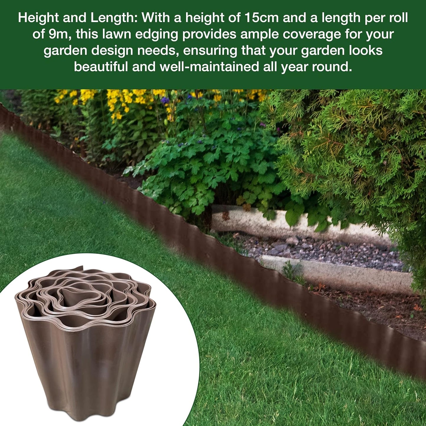9 Meters, Brown Flexible Plastic Lawn Edging - Durable, Weatherproof, and Frost-Resistant! 15cm Height