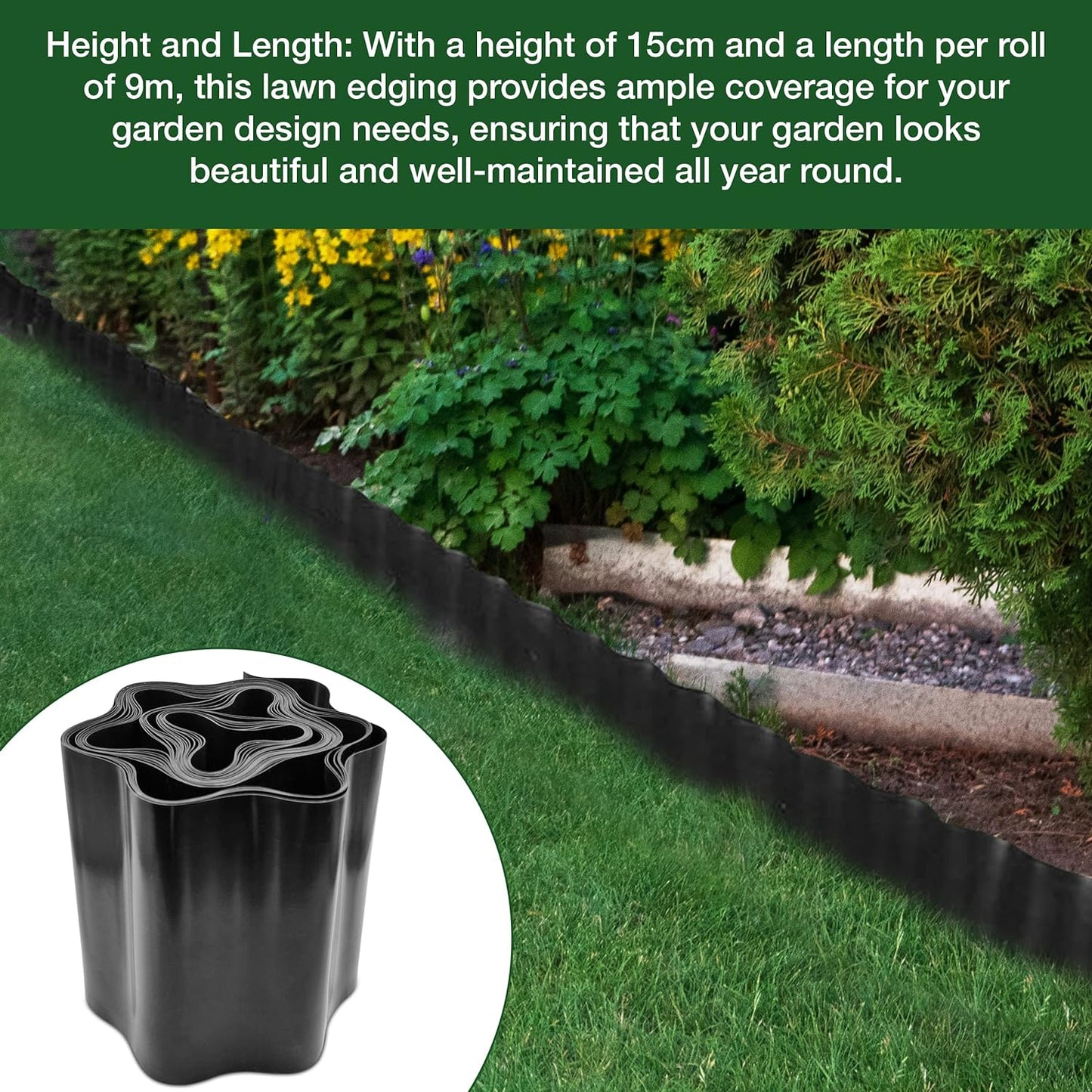9 Metres, Black Flexible Plastic Lawn Edging - Durable, Weatherproof, and Frost-Resistant! 15cm Height