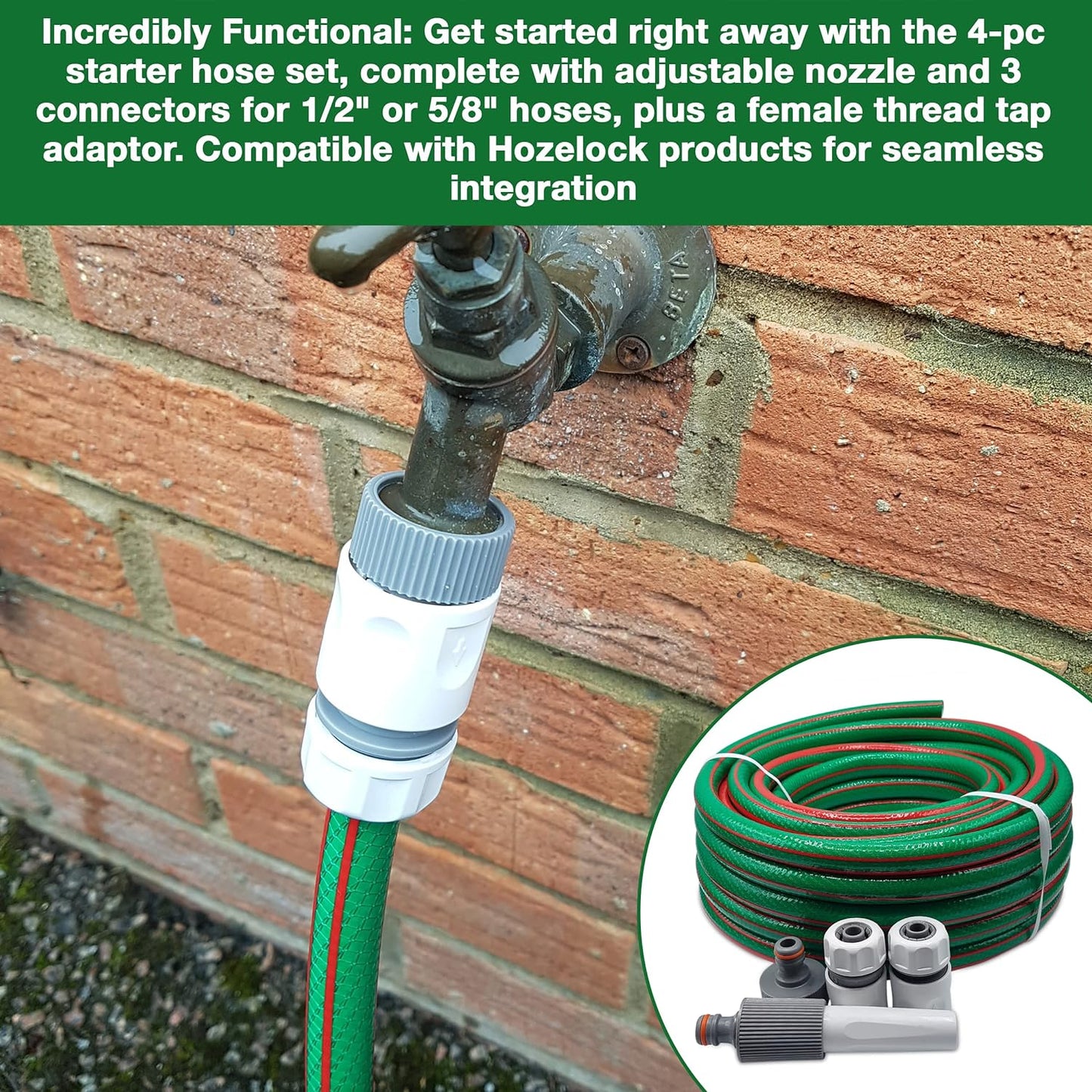 Garden Hose Set - Complete 4-Pc Starter Kit with Adjustable Nozzle, 3 Connectors for 1/2" & 5/8" Hoses, Female Thread Tap Adaptor - Durable 6-Layer PVC, Compatible with Hozelock (15M) (10M)